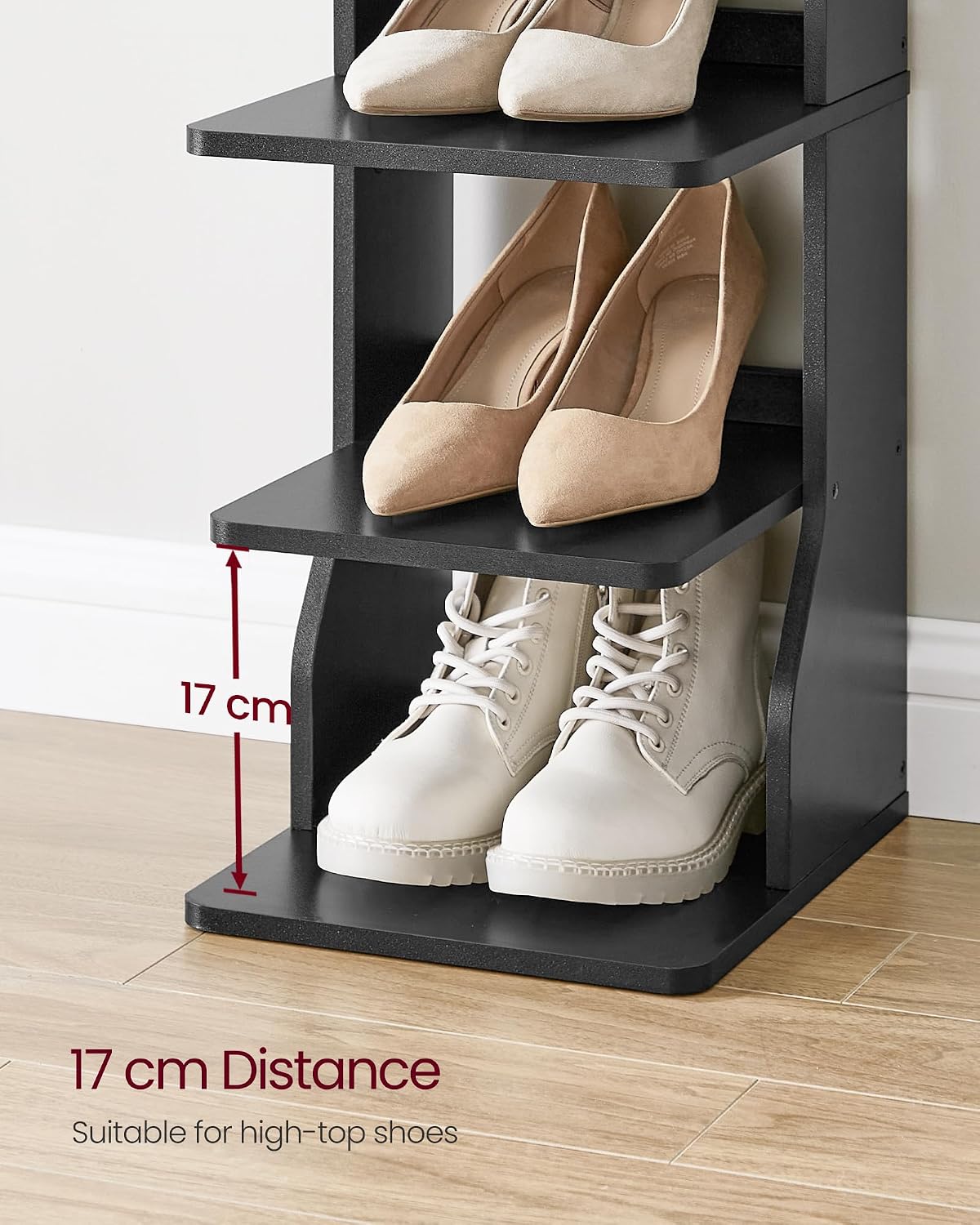 Detalle de VASAGLE LBS200T16 Slim Shoe Rack, Black Engineered Wood Stand with Hooks