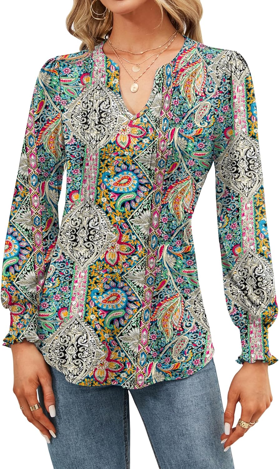 Thumbnail 1 de EFFAN Women's V-Neck Puff Sleeve Floral Tunic Blouse