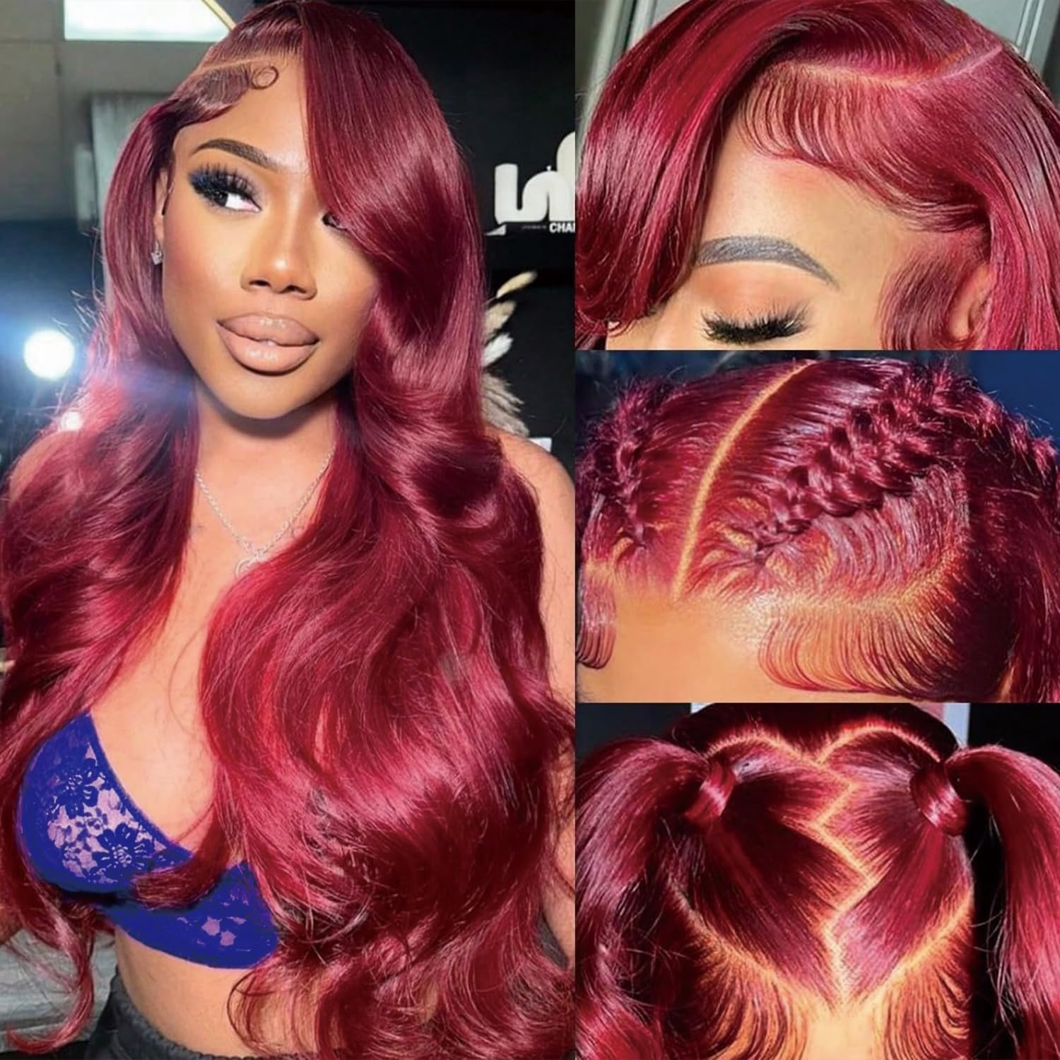 Detalle 2 de QZOQZO 99J Burgundy 24-Inch Human Hair Lace Front Wig, 13x6 Body Wave