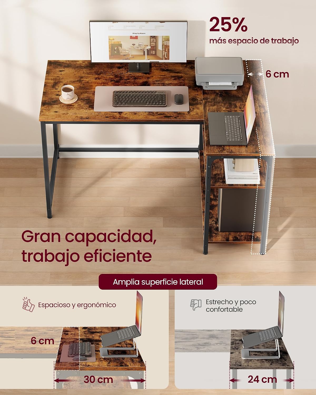 Detalle 2 de VASAGLE LWD135KD01 Escritorio en L 110 x 80 cm
