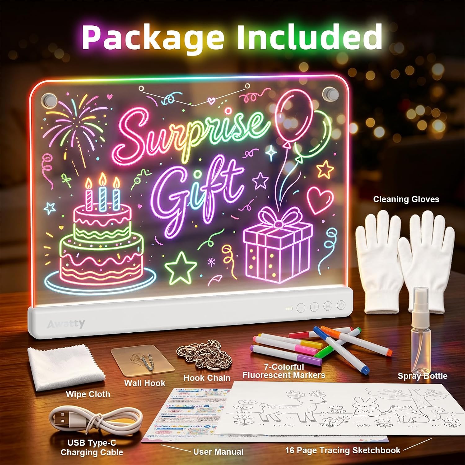 Thumbnail 3 de Awatty 16-Inch LED Drawing Board, Rechargeable Acrylic Panel with RGB Lighting