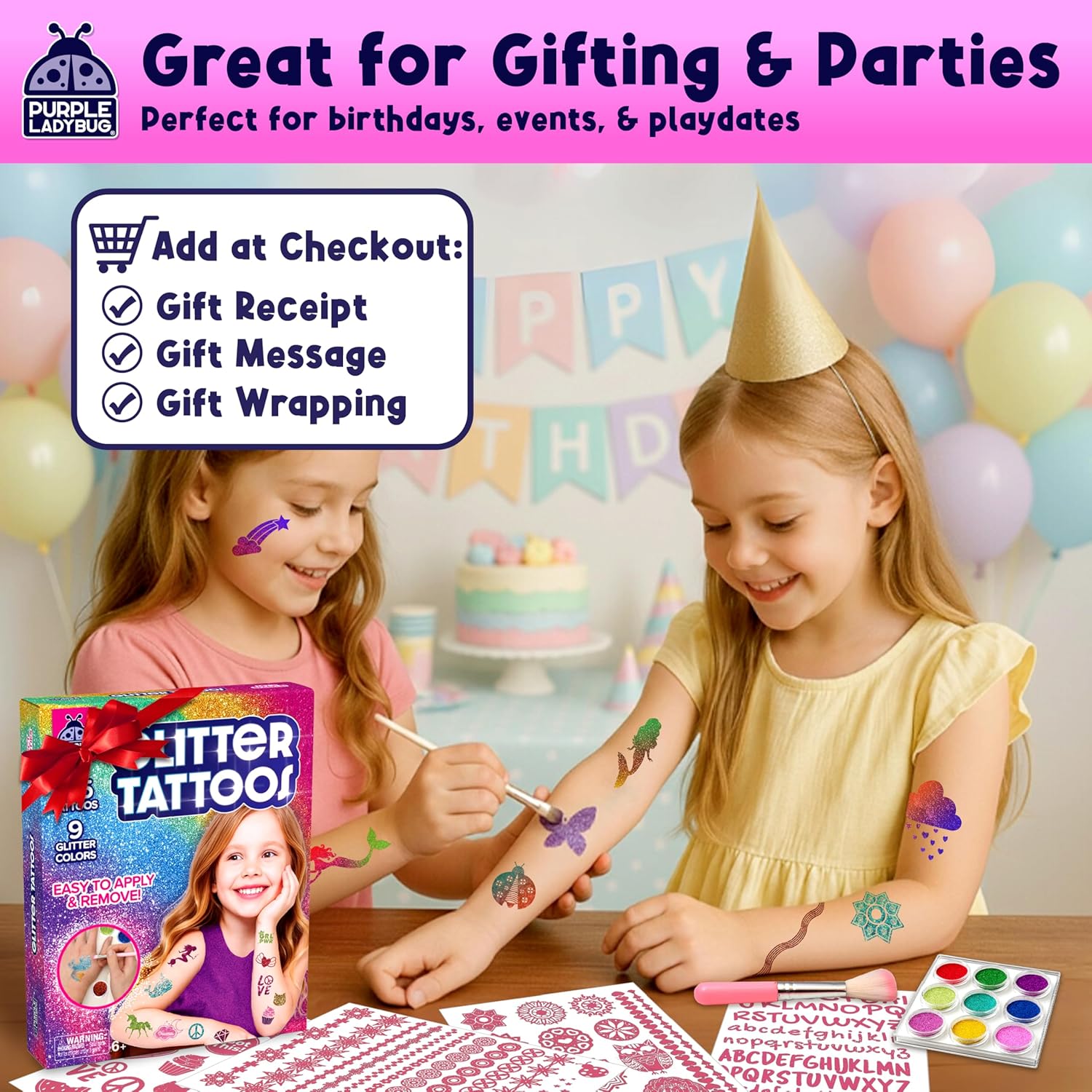 Detalle de Purple Ladybug 175-Piece Temporary Glitter Tattoos Kit for Kids (Ages 6–12)