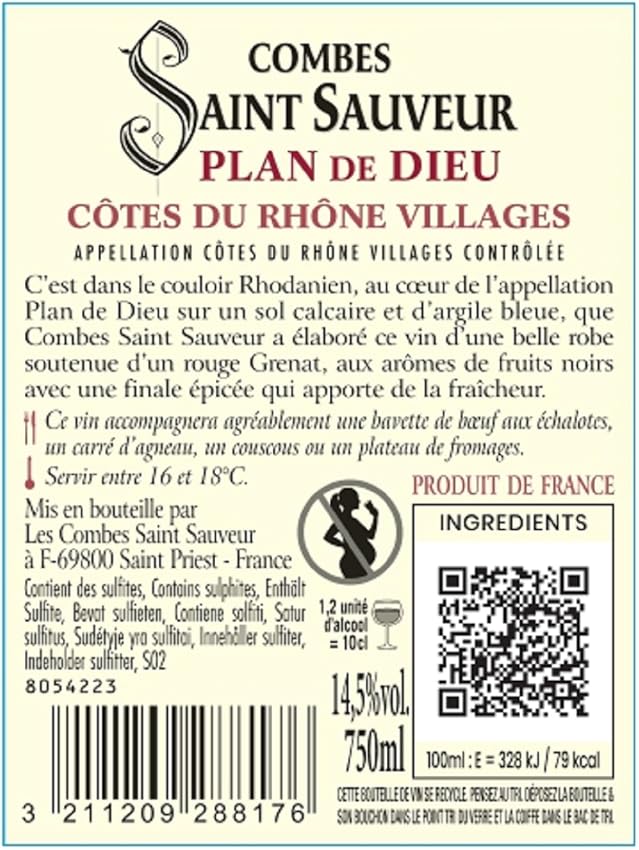 Detalle de COMBES SAINT SAUVEUR DOP Côtes du Rhône «Plan de Dieu» 🍷 6 Botellas