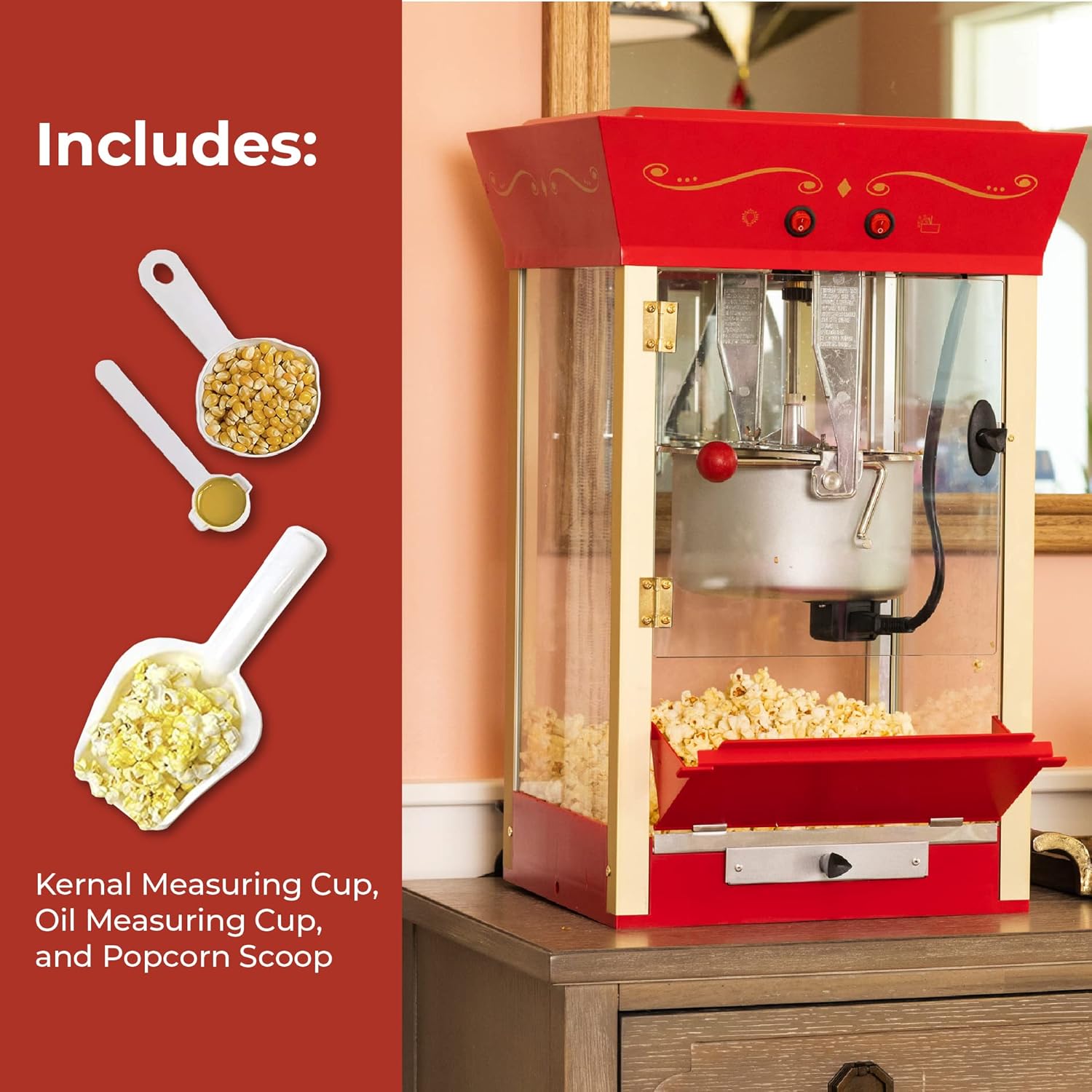 Detalle 2 de Nostalgia Popcorn Maker Machine – Professional Cart with 8 oz Kettle (32 Cups) – Vintage Theater Style in Red
