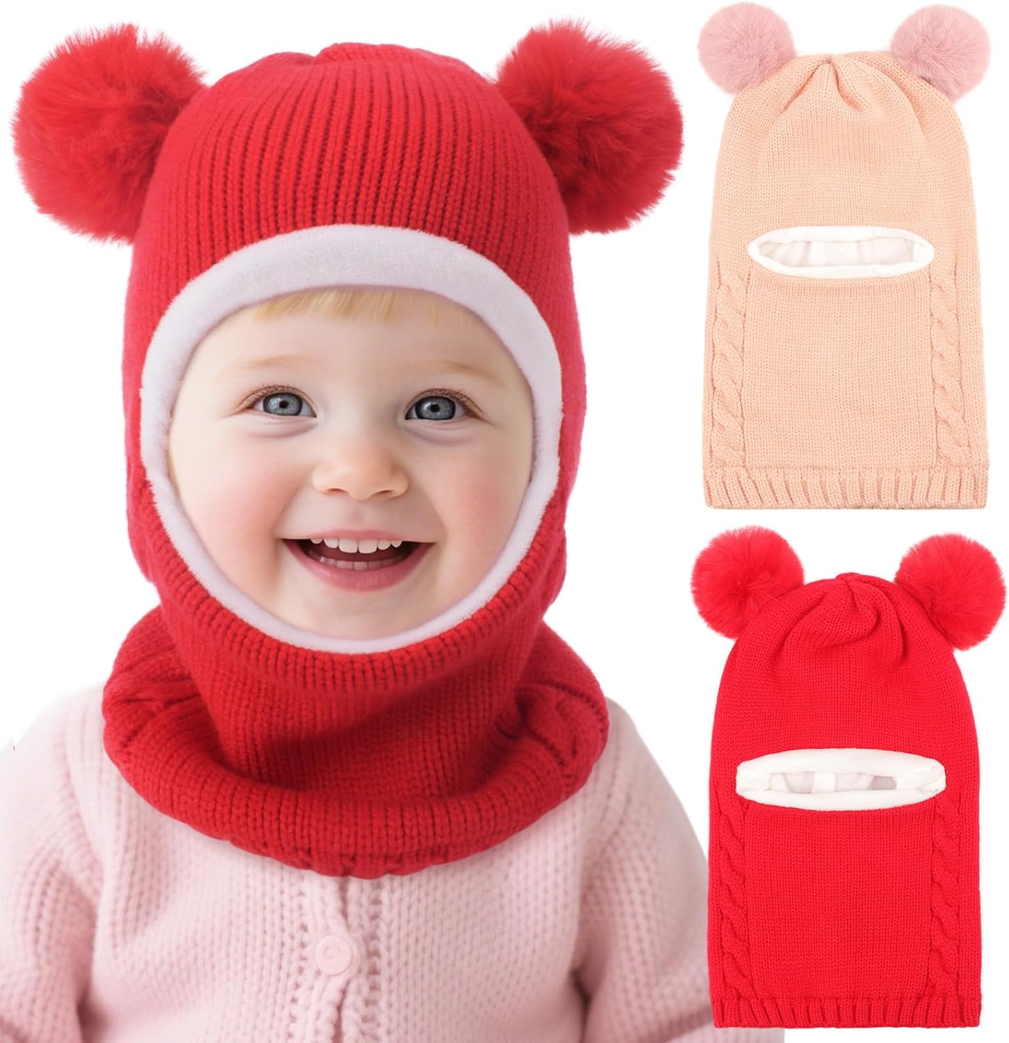 DRESHOW Kids Winter Warm Hat Scarf (1–6 Years) – Earflap Beanie Hood with Pom Pom & Windproof Coverage