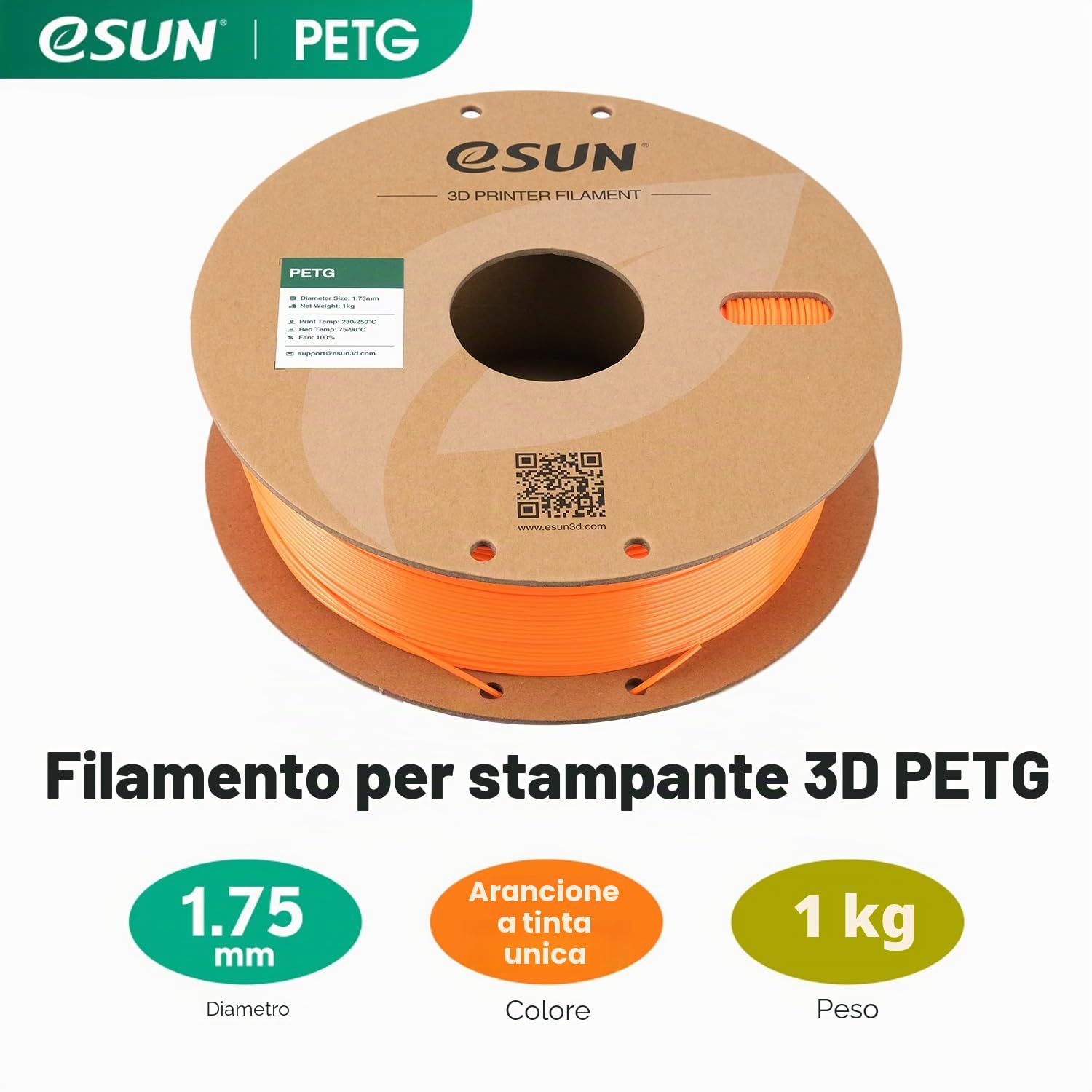 Thumbnail 1 de eSUN Filamento PETG 1.75 mm – Bobina da 1 kg, Arancione Solido, alta precisione