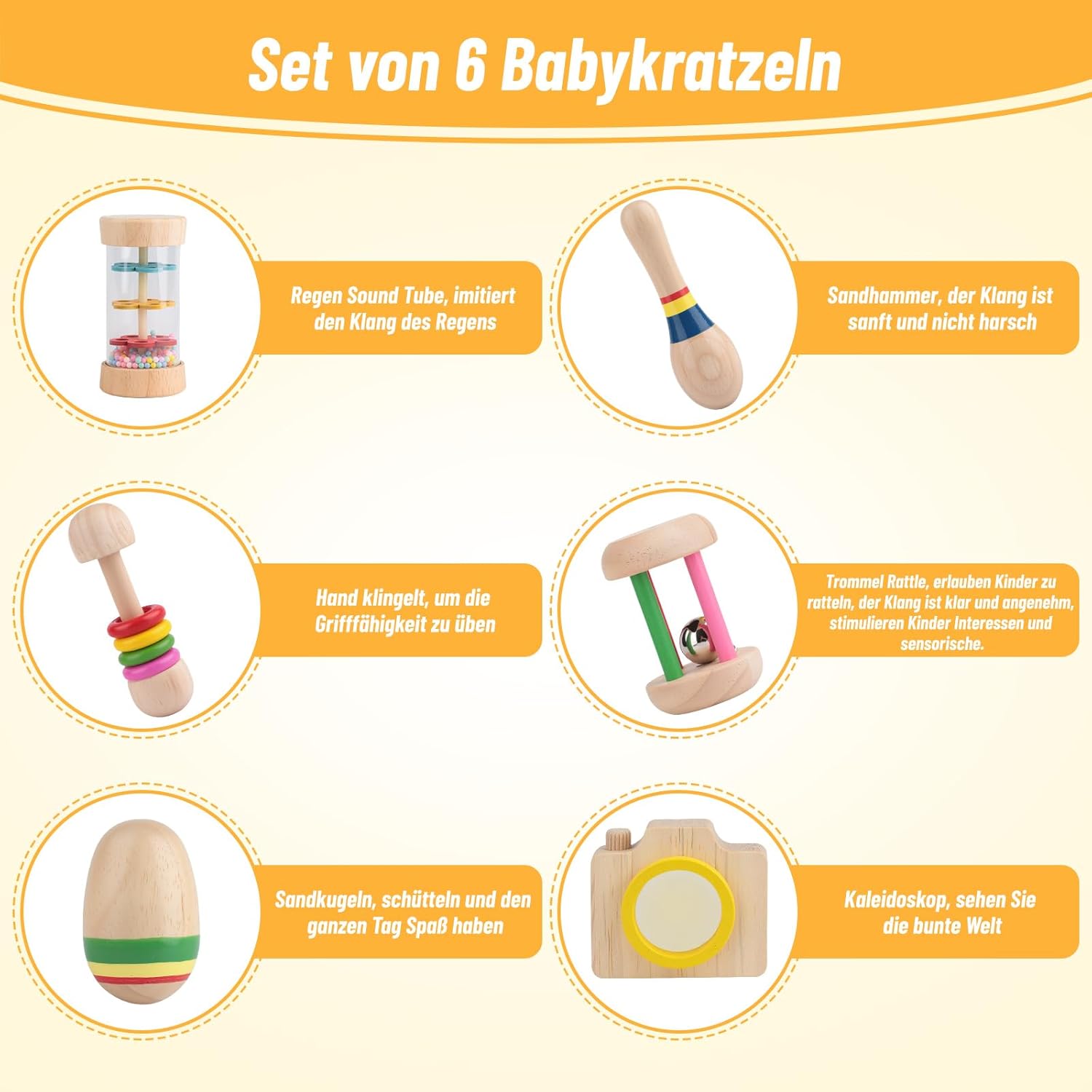 Thumbnail 2 de Lixstyea Montessori-Holz-Rasseln (6er-Set) – Musik-Sensorik-Spielzeug für Babys