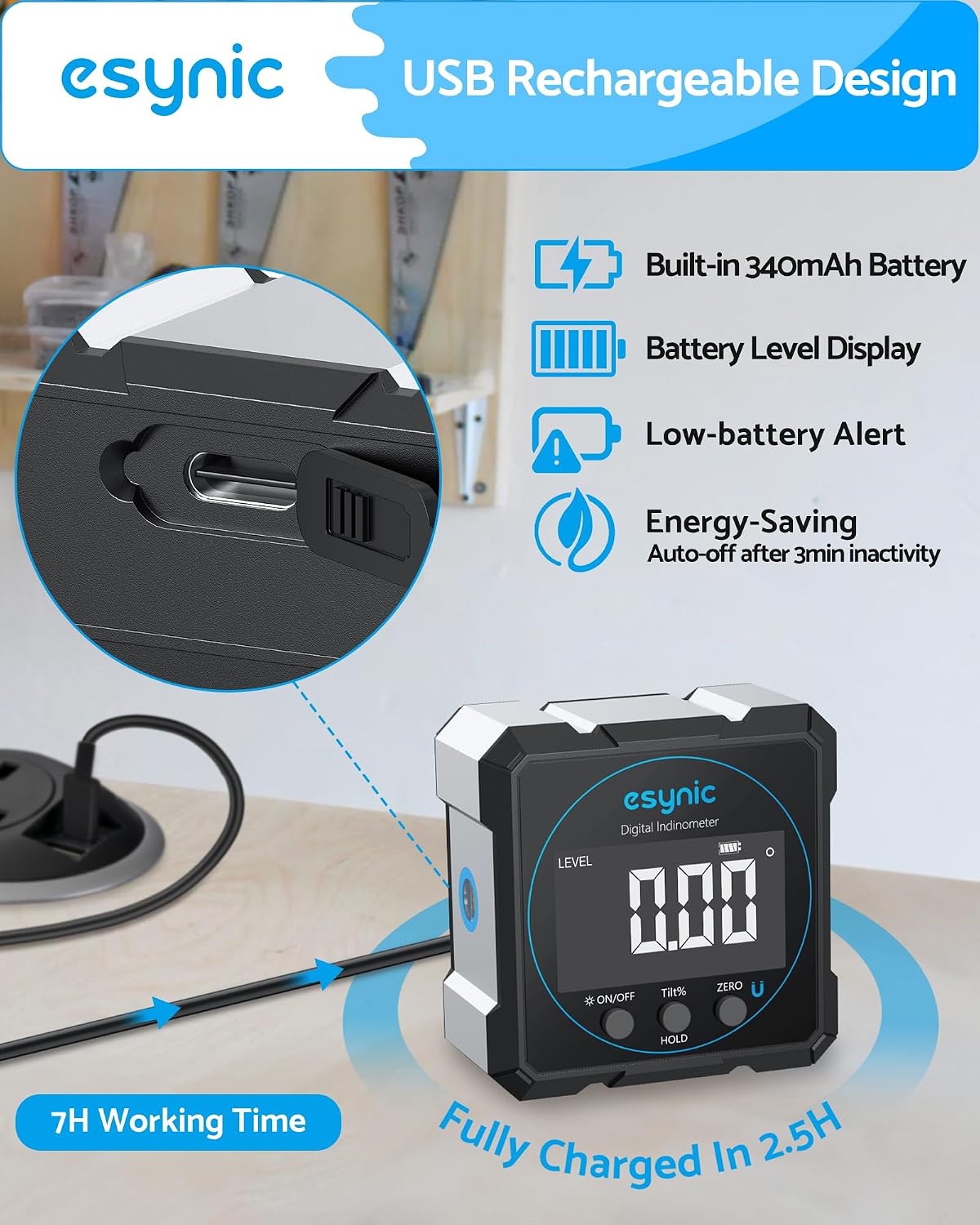 Detalle de eSynic 5342S Digital Angle Finder with Dual Lasers, USB-C and 4-Side Magnets