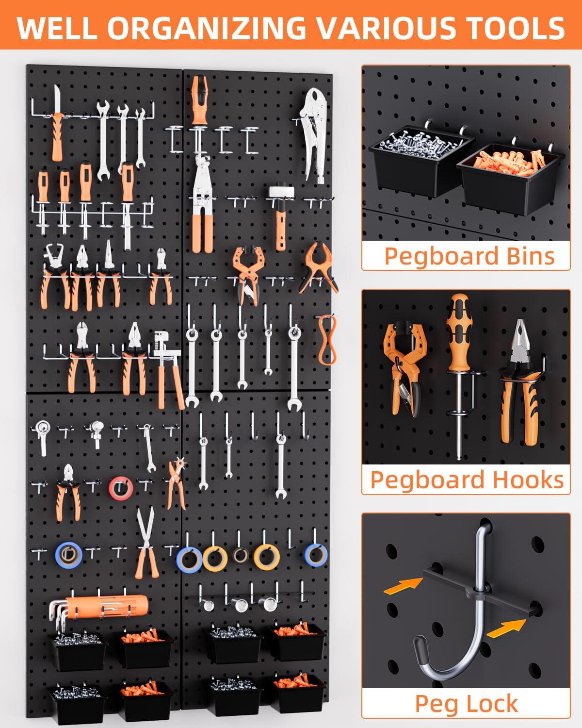 Thumbnail 4 de INCLY NC0114 Metal Pegboard Organizer, 48 x 24 Inch, 158-Piece Kit