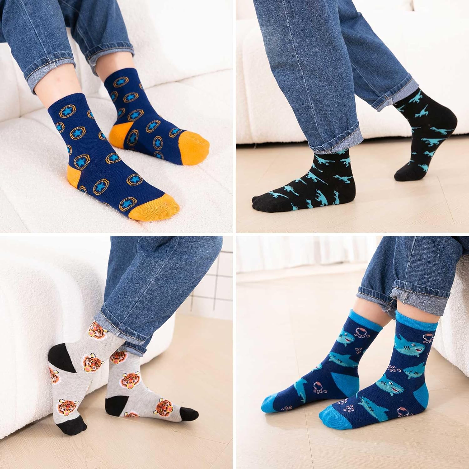 Detalle 2 de PUTUO Chaussettes en coton pour enfant garçon – 5 paires avec motifs dinosaures et animaux
