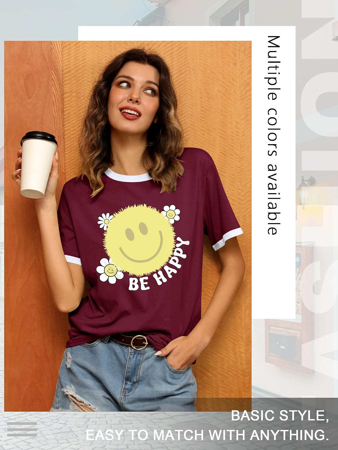 Thumbnail 1 de Dresswel Women's T-Shirt: Cute Smile Graphic Print Tee for Everyday Summer Wear