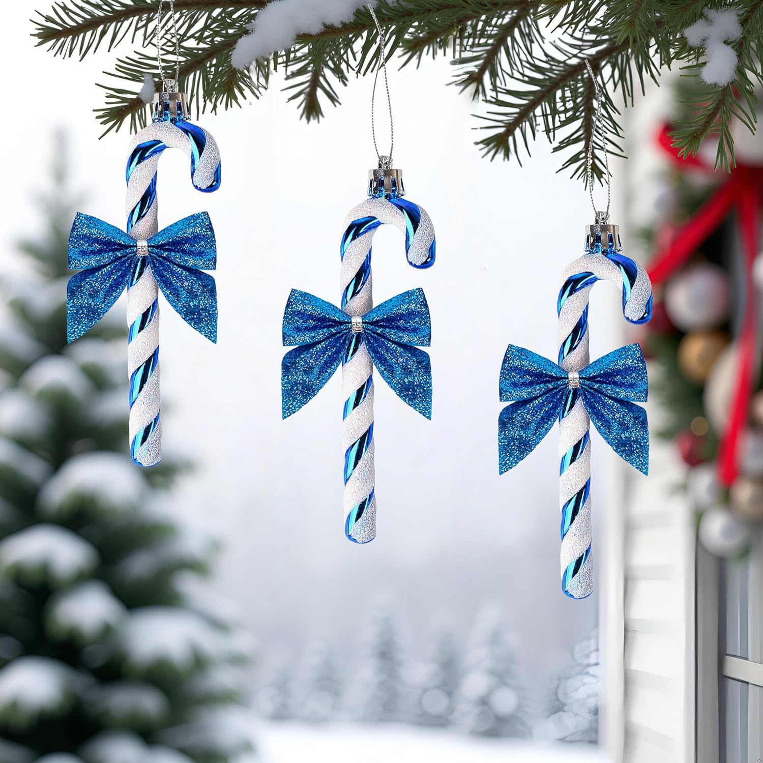 Thumbnail 2 de HERZWILD 12Pcs Candy Cane Christmas Decorations – Blue Glitter Candy Canes with Bows