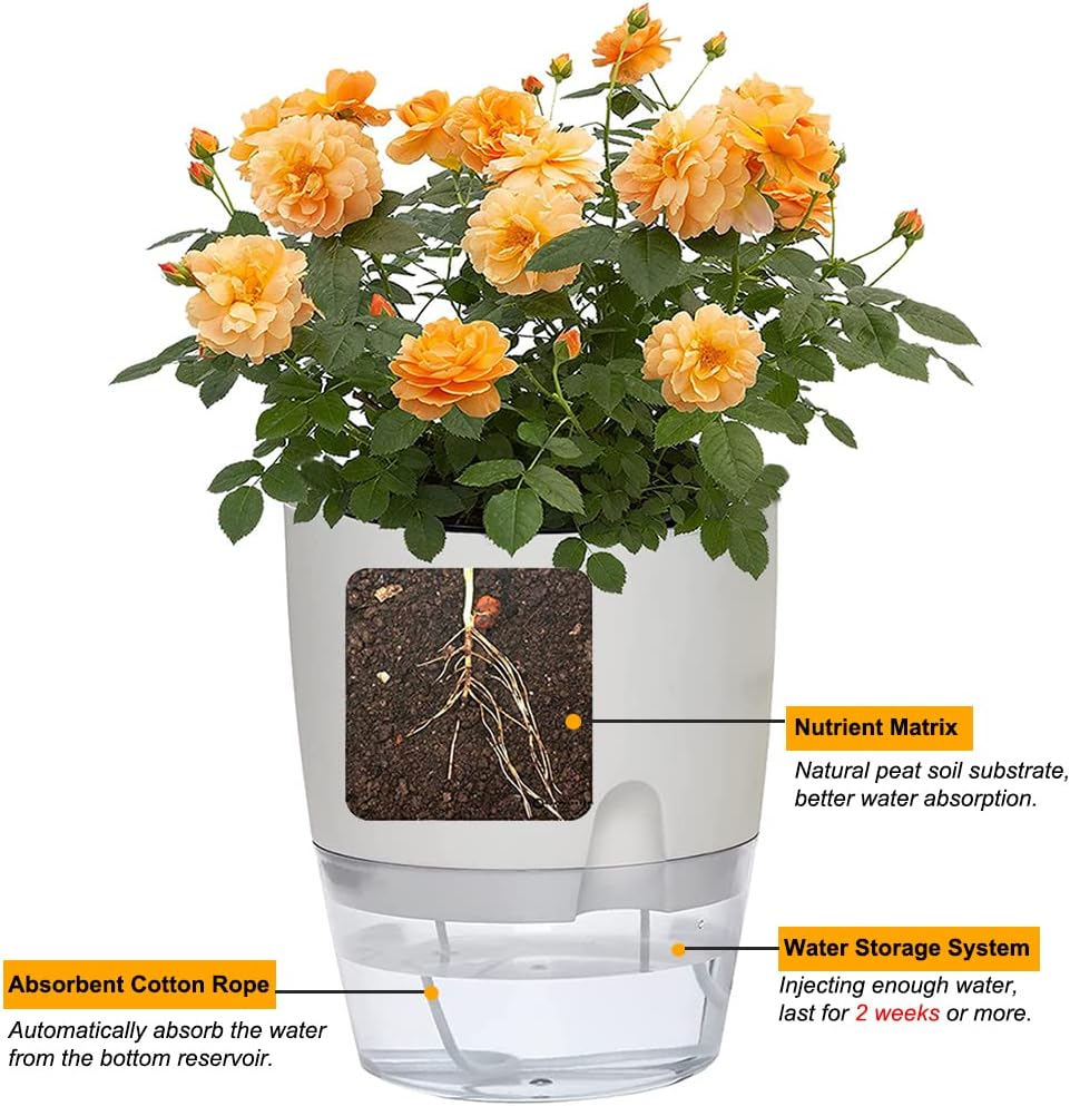 Detalle de Smanettew Self-Watering Planters, 3-Pack 6-Inch White Pots with Reservoir