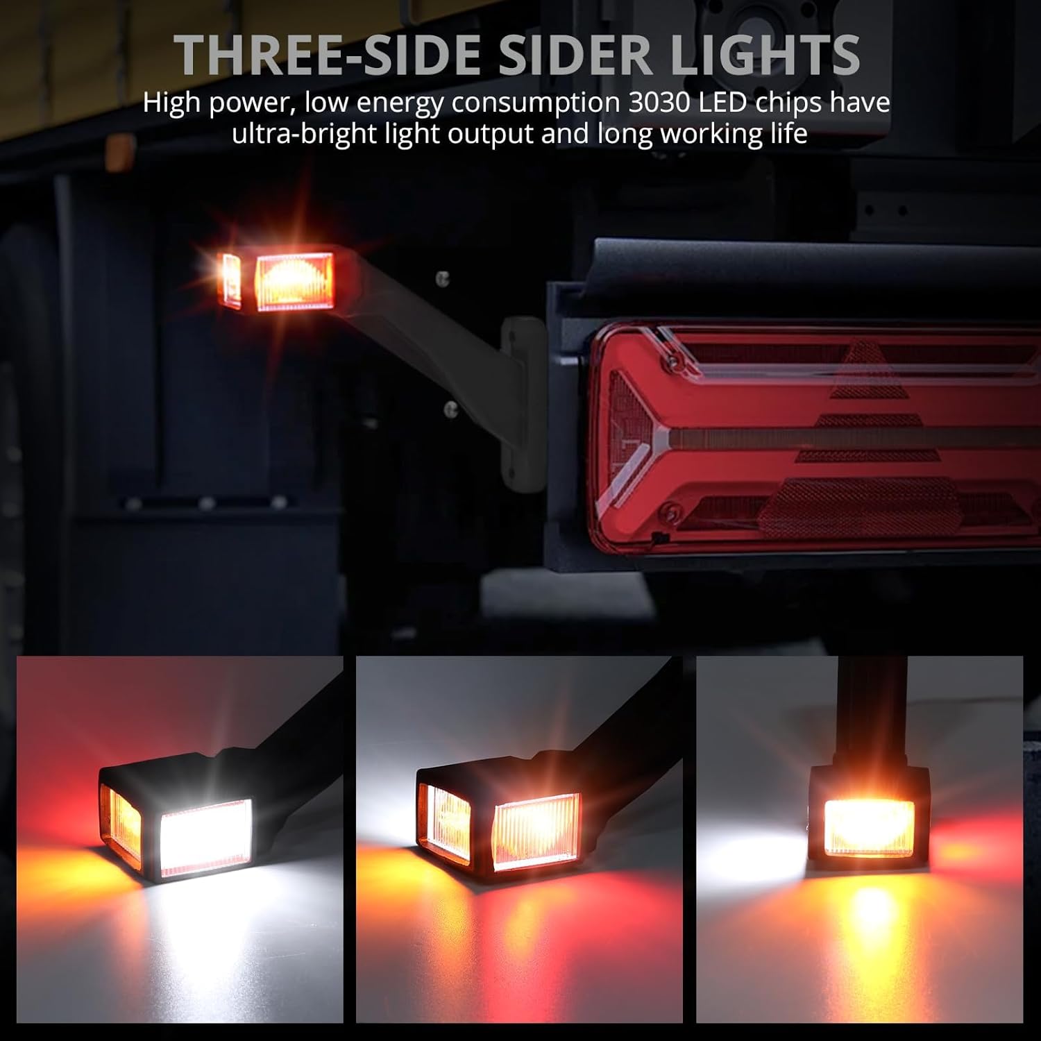 Thumbnail 2 de Justech 2pcs LED Side Marker Lights (Triple Colour) 12–30V, IP65, 74mm for Truck Trailer, Lorry, RV & Caravan