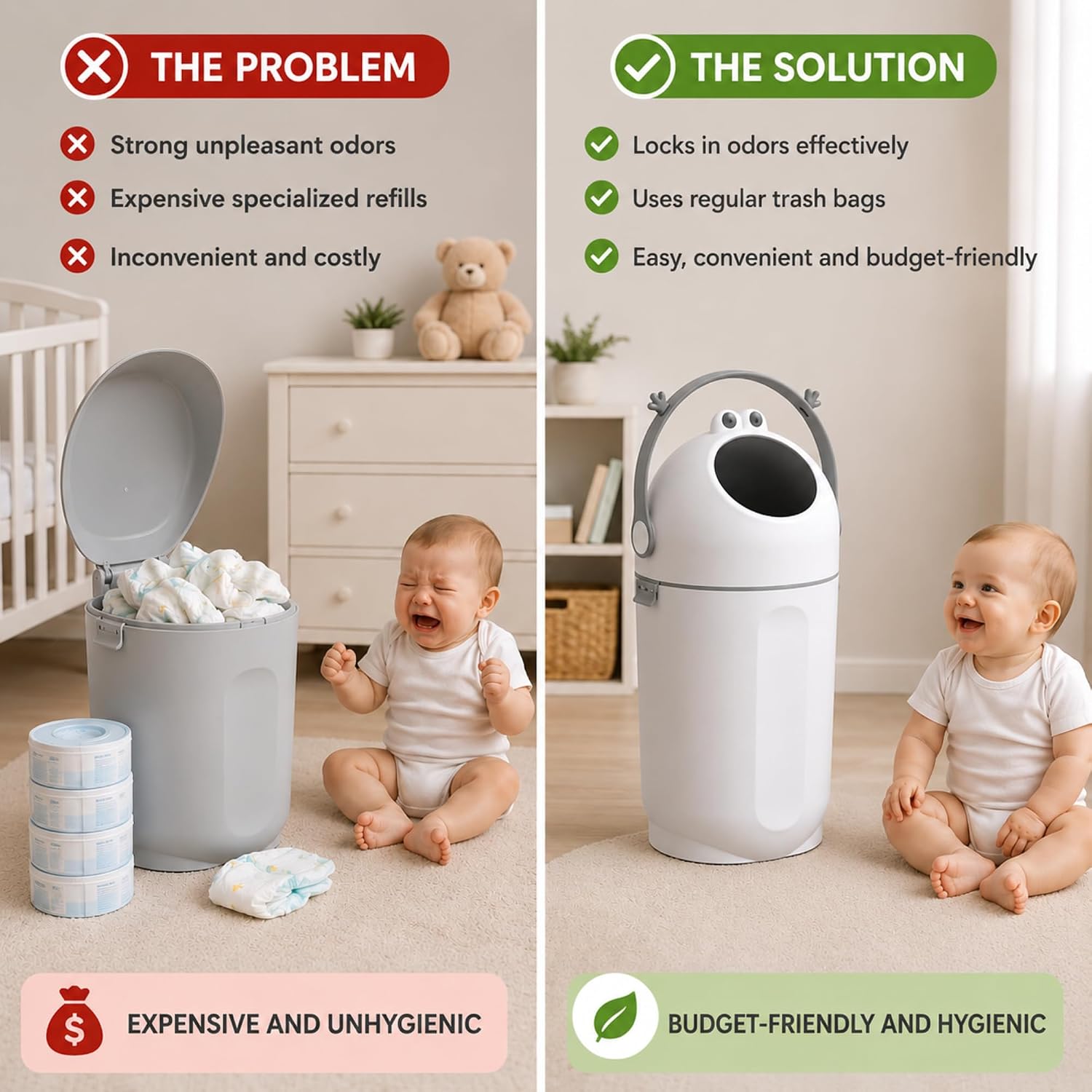 Detalle de P@B PBell Grey Frog Diaper Pail, 15 L, Any Standard Bag, Lockable