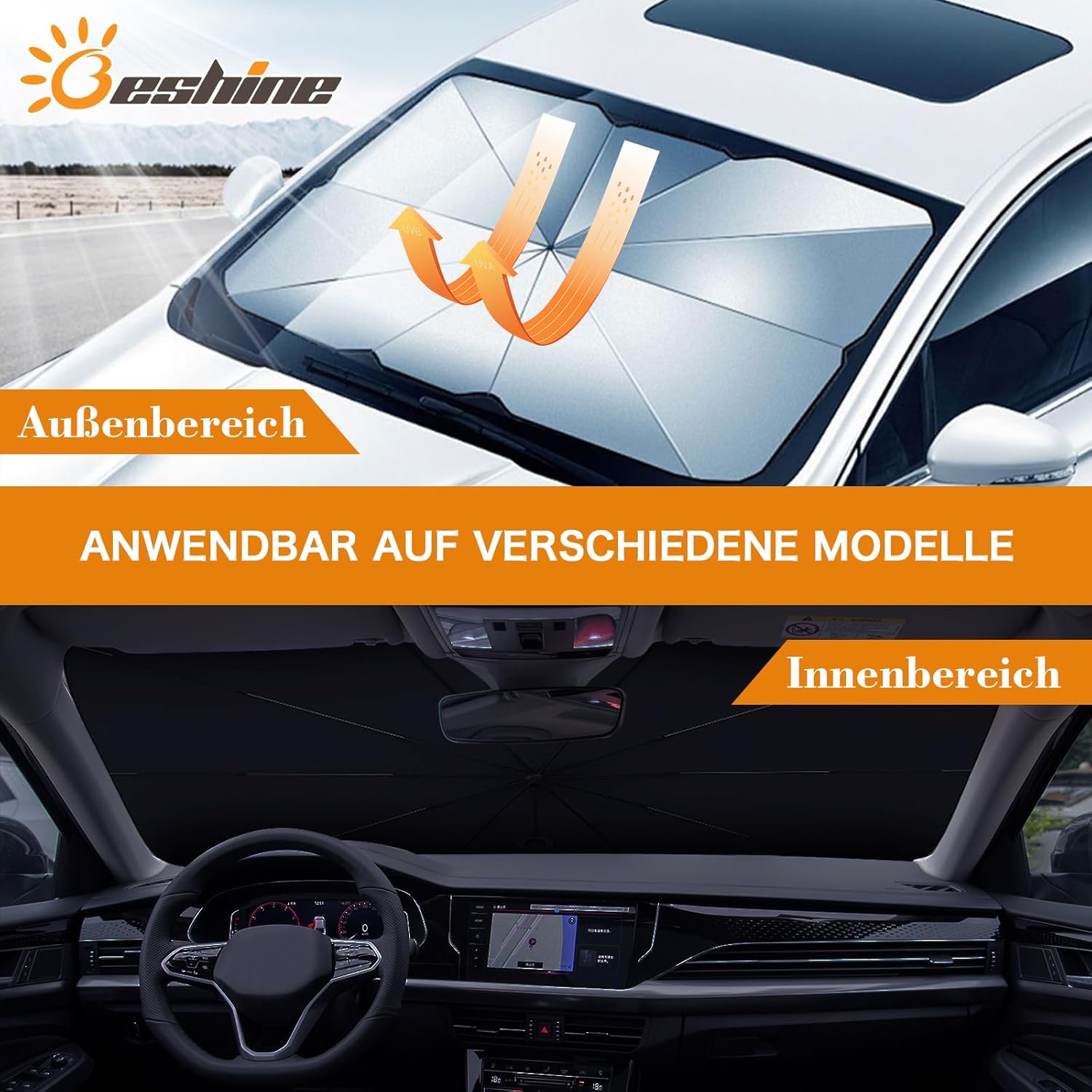 Thumbnail 6 de Beshine Auto-Sonnenschutz 2026 – Drehbar & faltbar mit Carbonfaser-Skelett, 140 x 79 cm