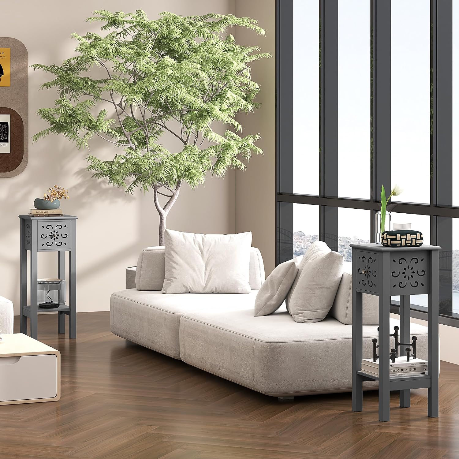 Thumbnail 6 de HOMCOM 83B-178V80GY Side Table Set of 2, Grey, Floral Cut-Out, Drawer & Shelf