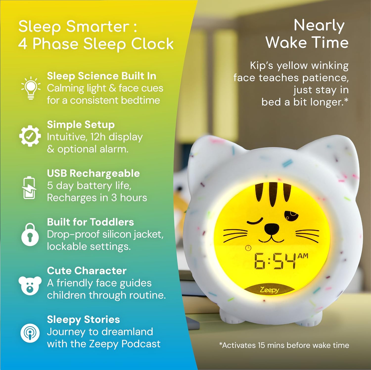 Detalle 1 de Zeepy 4-Phase Toddler Sleep Trainer Clock | Kip the Kitty