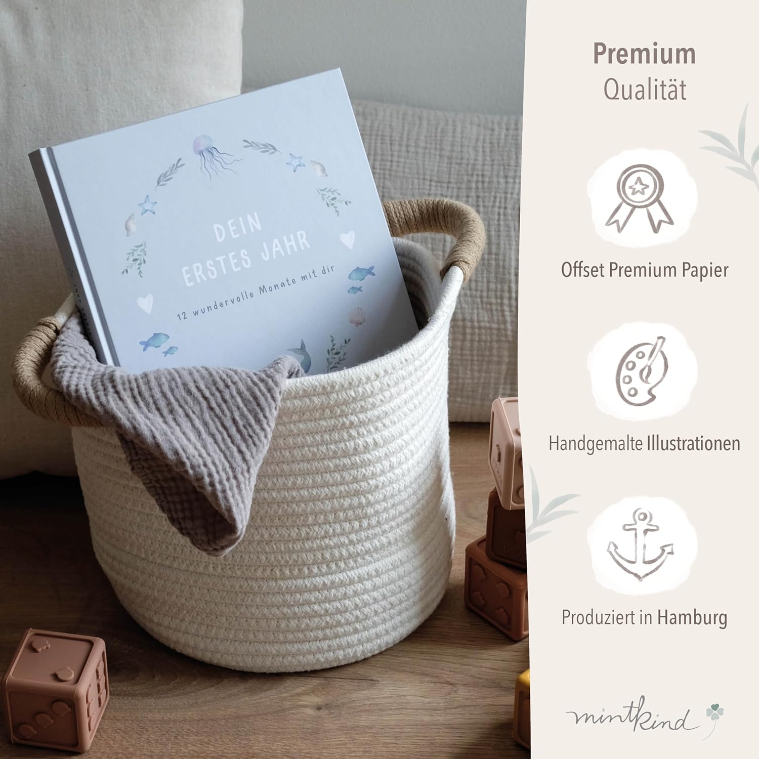 Thumbnail 5 de mintkind® „Mein erstes Jahr“ Babyalbum Wal blau mit 176 Seiten & Sticker-Set (Hardcover, 21 x 21 cm)