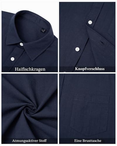 Detalle de J.VER Herren Leinenhemd Sommer Kurzarm Dunkelblau 3XL – Leinenshirt, knitterarm, pflegeleicht