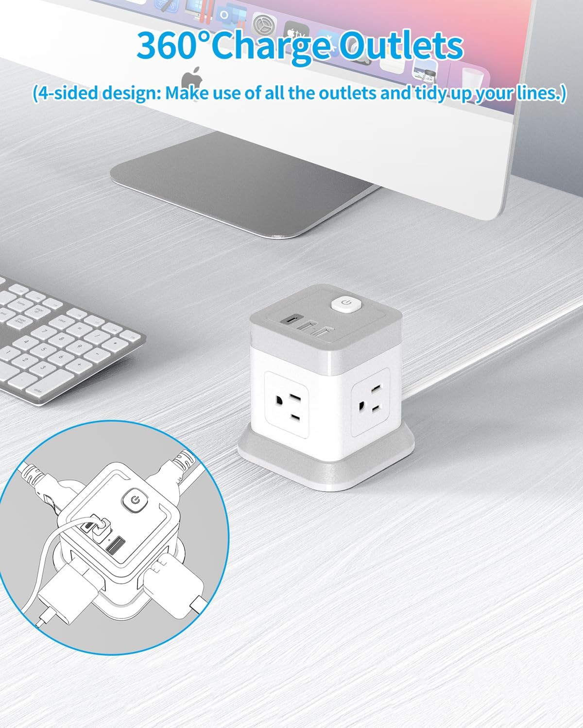 Detalle de FDTEK Flat Plug Power Strip with USB (4 AC Outlets, 3 USB including USB-C) and Overload Protection, 5 ft