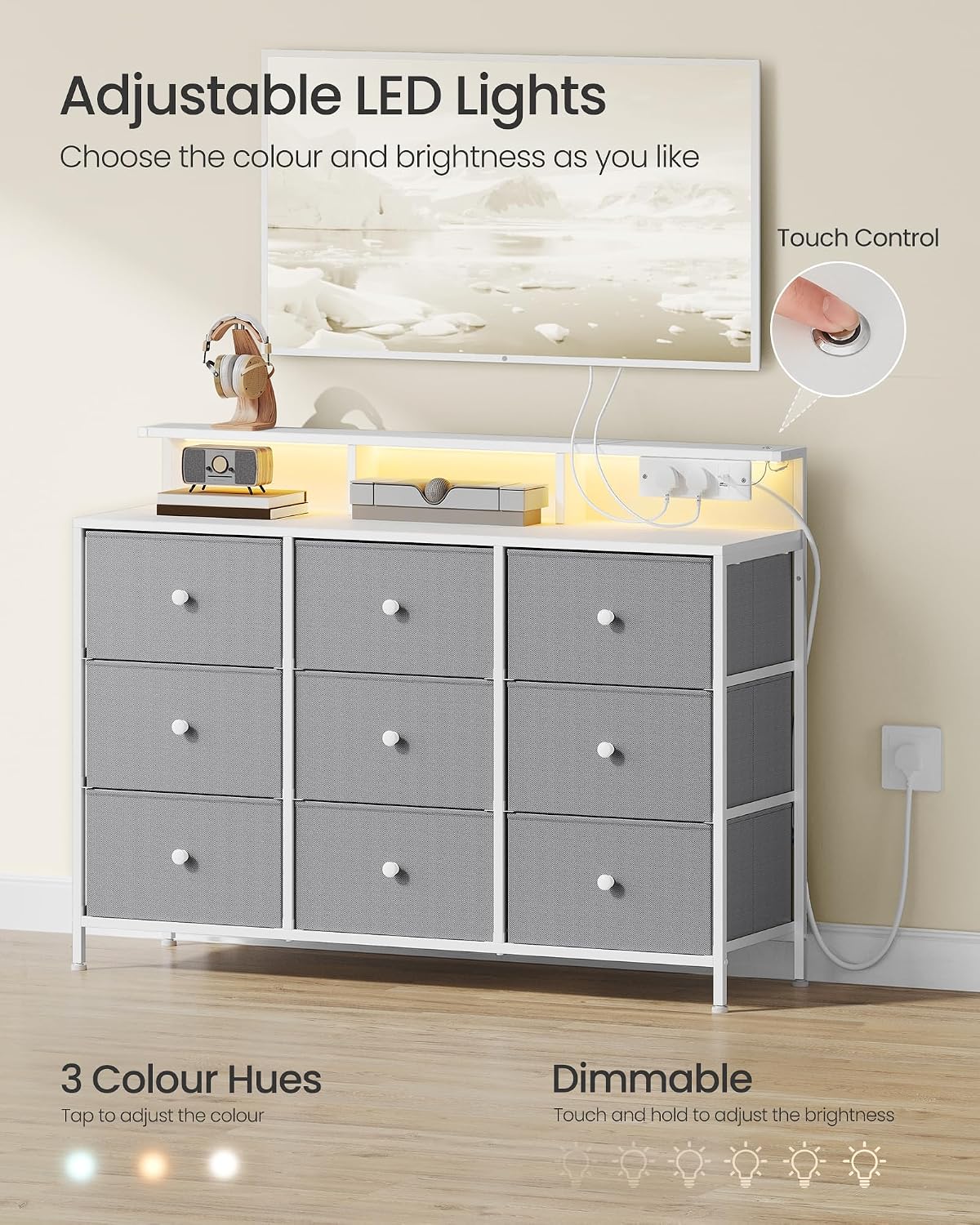 Detalle de SONGMICS BELLAH LTS519G02 9-Drawer Chest with LED Lights and Charging Station