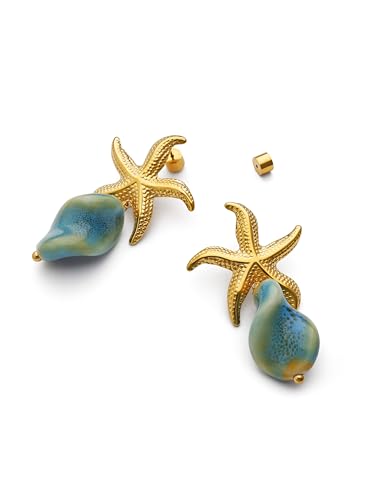 Detalle de SINGULARU Pendientes Starfish Wave de Acero con Baño de Oro 18kt