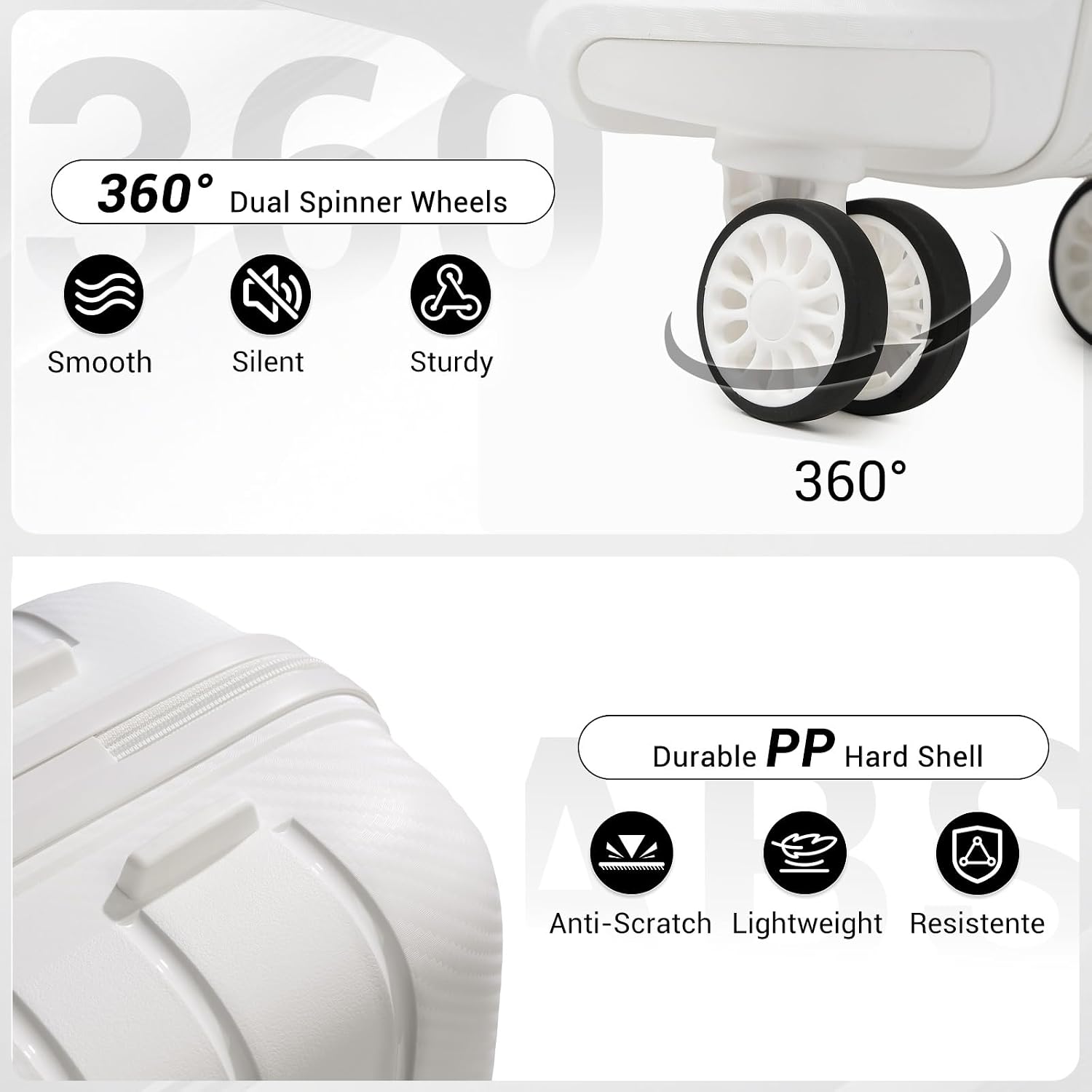 Thumbnail 2 de Kono Medium PP Trolley Suitcase, 61L, White with Spinner Wheels and TSA Lock