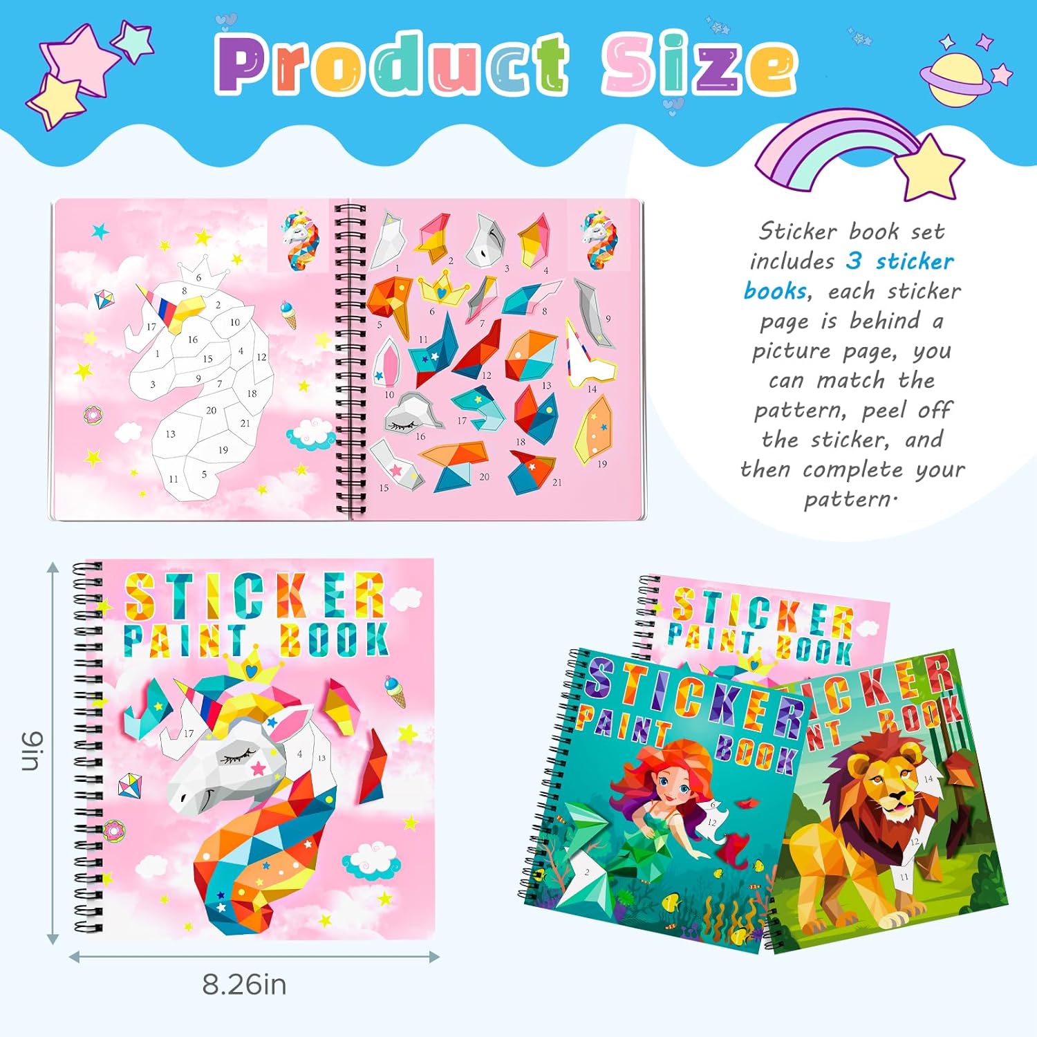 Thumbnail 2 de Homicozy 3-Pack Sticker Paint Books for Kids (Ages 4-8): Unicorn, Mermaid & Animal Designs
