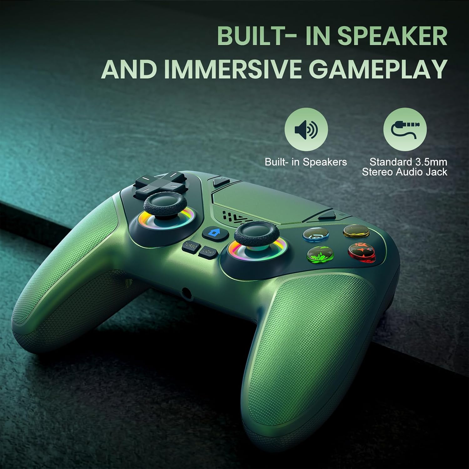 Detalle de Gamrombo LED Wireless Controller for PS5 (Chromatic Teal) – Dual Vibration, 6-Axis Motion, 3.5mm Jack