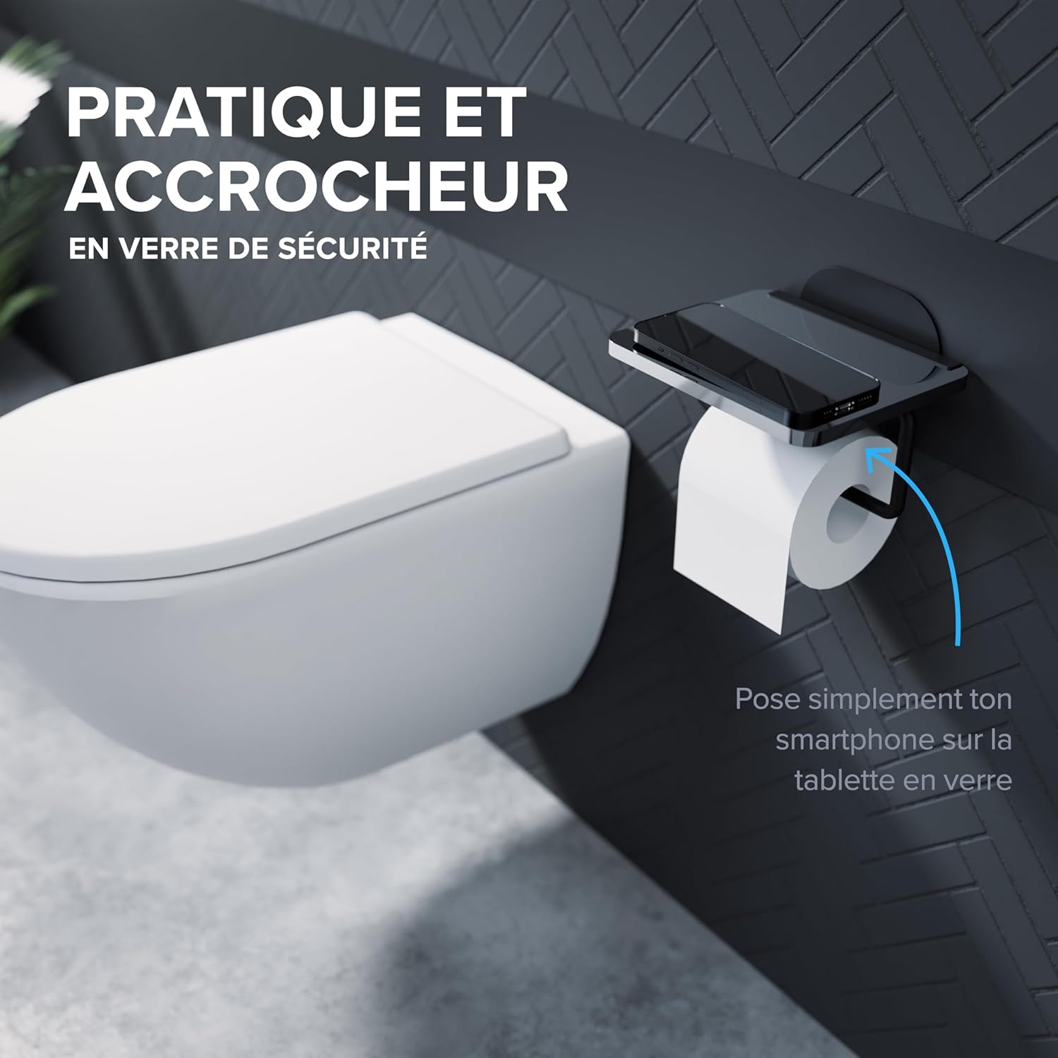 Thumbnail 1 de ovimar Distributeur de Papier Toilette Remoya avec Tablette en Verre Noir – Sans Percer