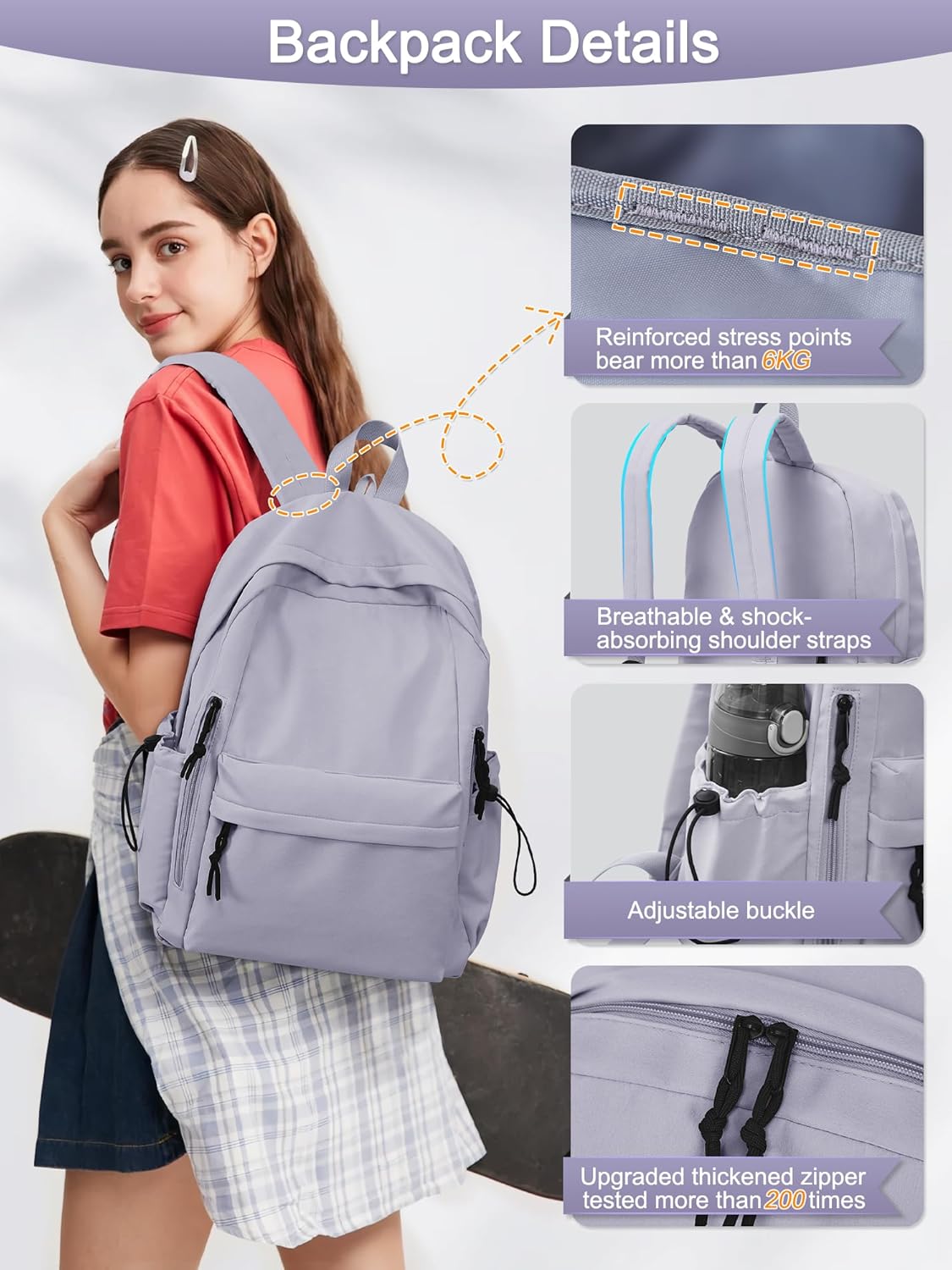 Thumbnail 6 de Fioretto FIORETTO Backpack for Women and Teens – Lightweight 20L School Bag with Laptop Compartment and Rain Cover