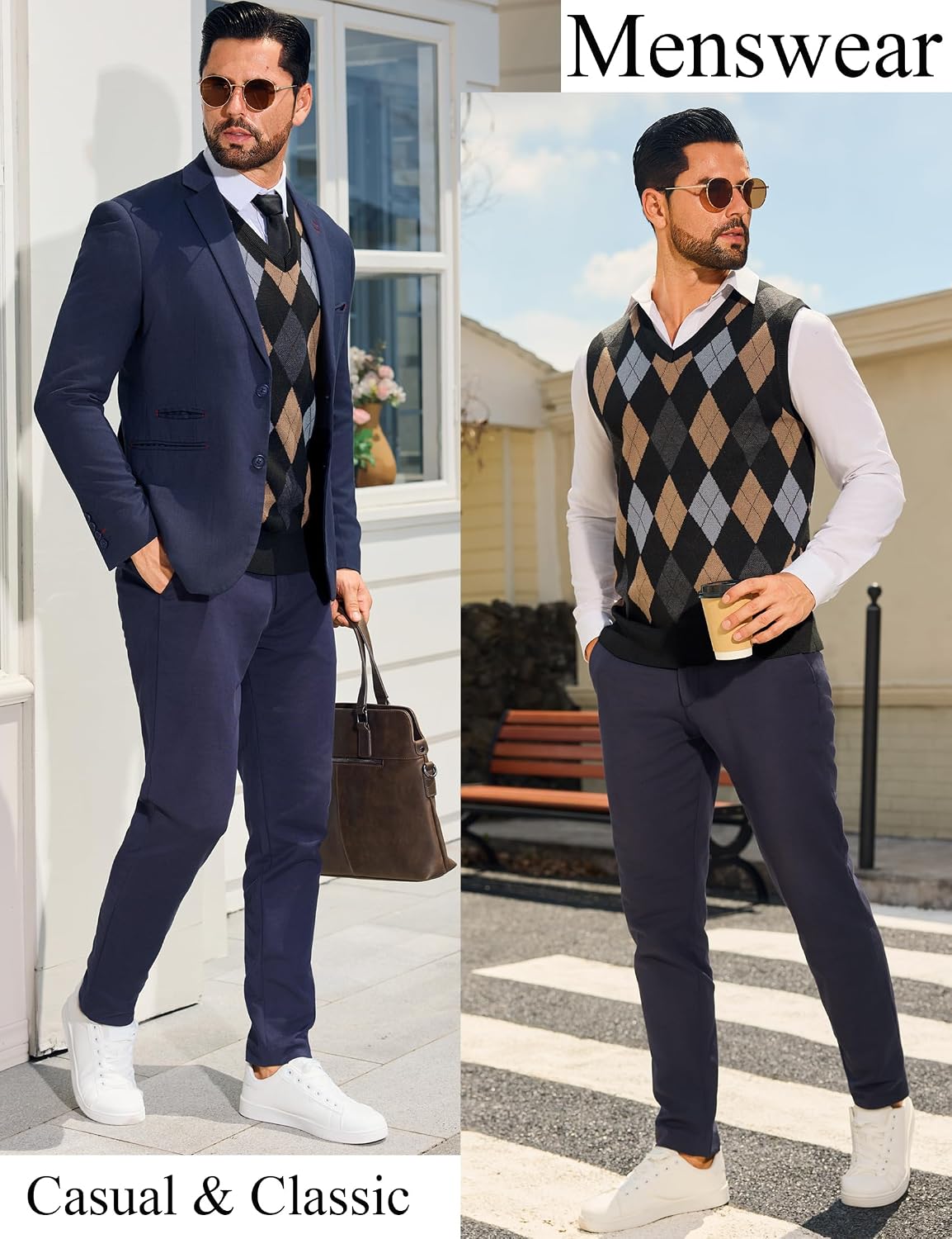 Detalle 2 de Sykooria Pullunder Herren Ärmellose Strickweste V‑Ausschnitt S-XXL
