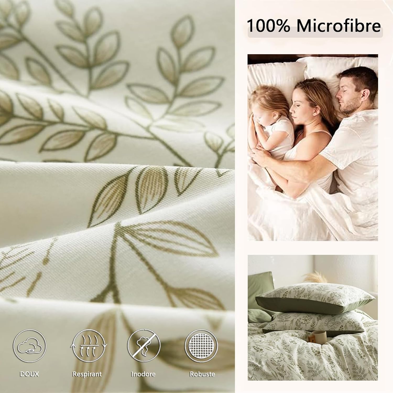 Detalle 1 de Tospass Housse de couette 220x240 cm microfibre vert olive à fleurs avec fermeture éclair et 2 taies 65x65 cm