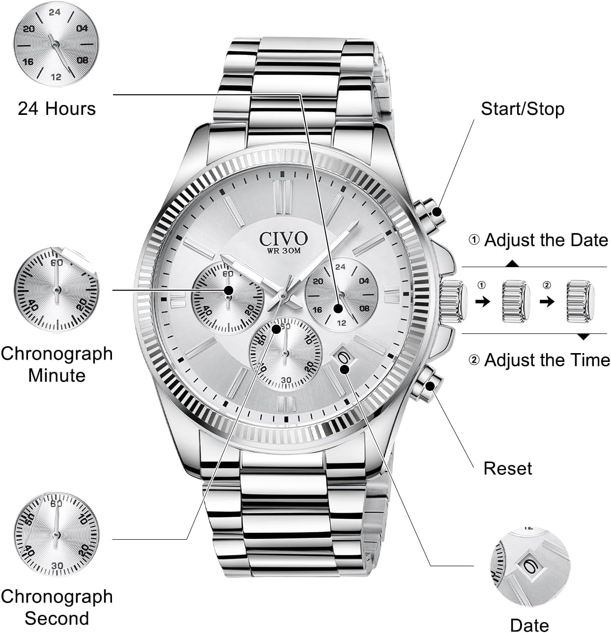 Thumbnail 4 de CIVO Edelstahl Chronograph Herren mit Datum