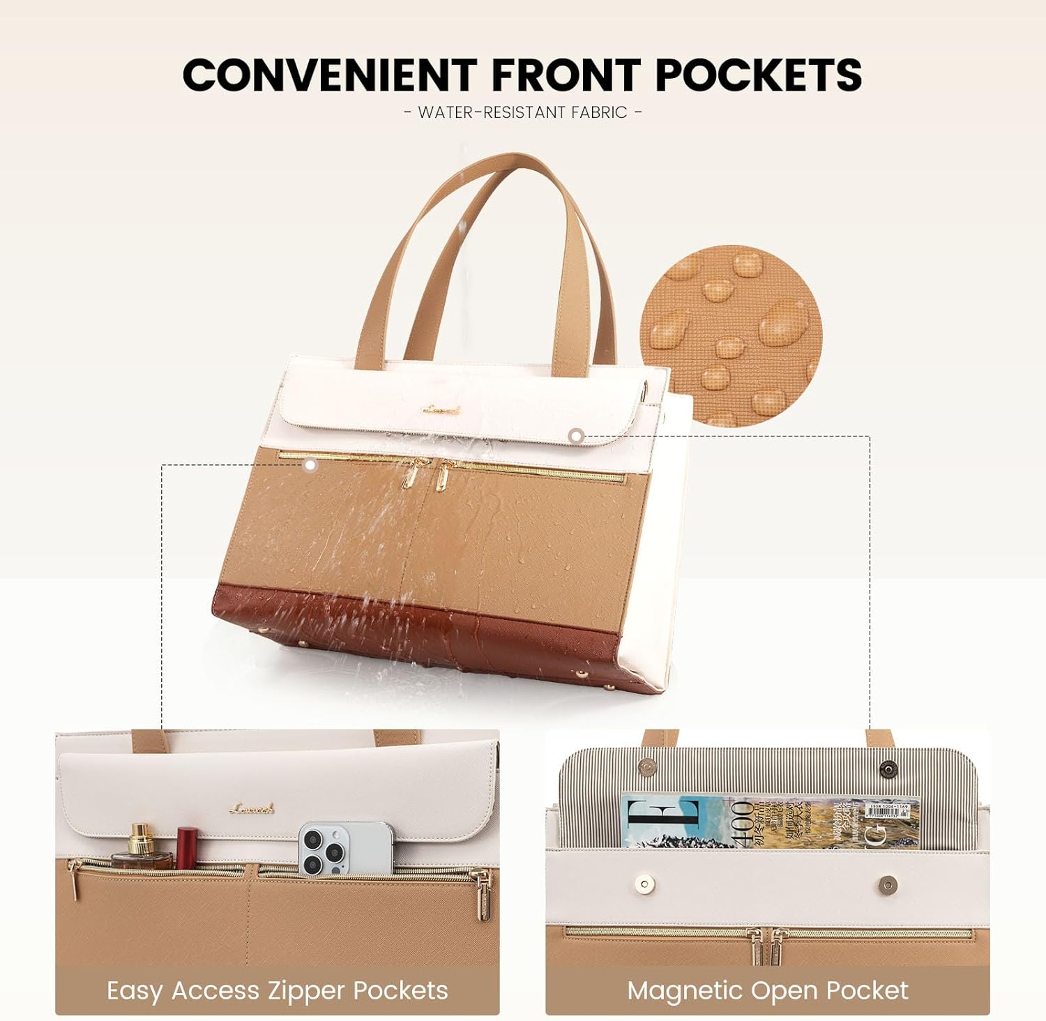 Thumbnail 5 de LOVEVOOK Sac cabas femme grande capacité pour ordinateur portable jusqu’à 15,6 pouces, imperméable, abricot