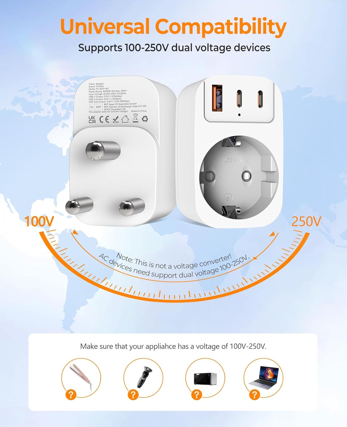Thumbnail 5 de THUNIX Reiseadapter für Südafrika (Typ M) mit 2× USB‑C & USB‑A – 4‑in‑1 Ladeadapter