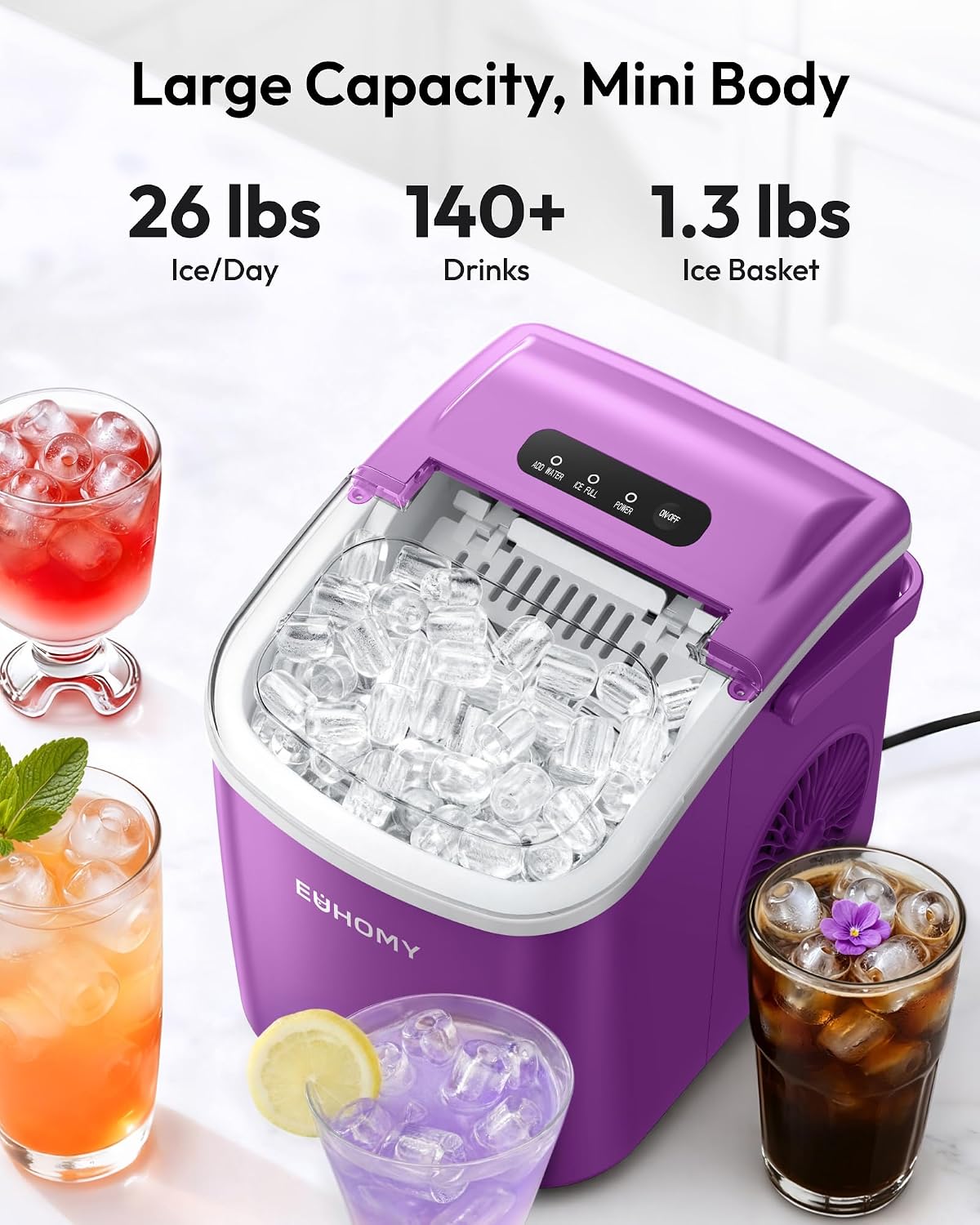 Detalle de EUHOMY IM-06E Countertop Ice Maker with Handle, Bullet Ice and Auto-Cleaning