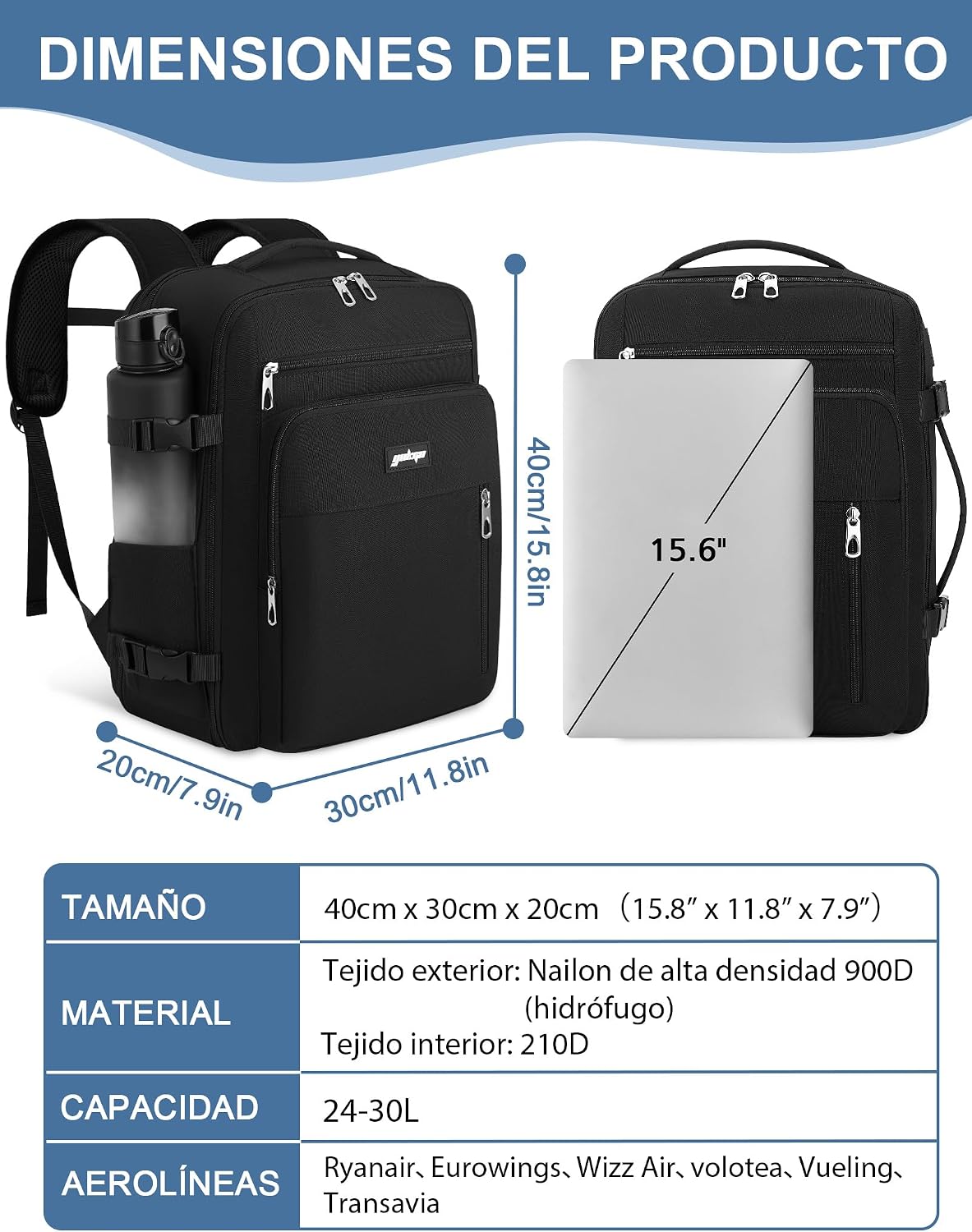 Thumbnail 1 de YOKGO Mochila Viaje Cabina 40x30x20 Expandible 30L