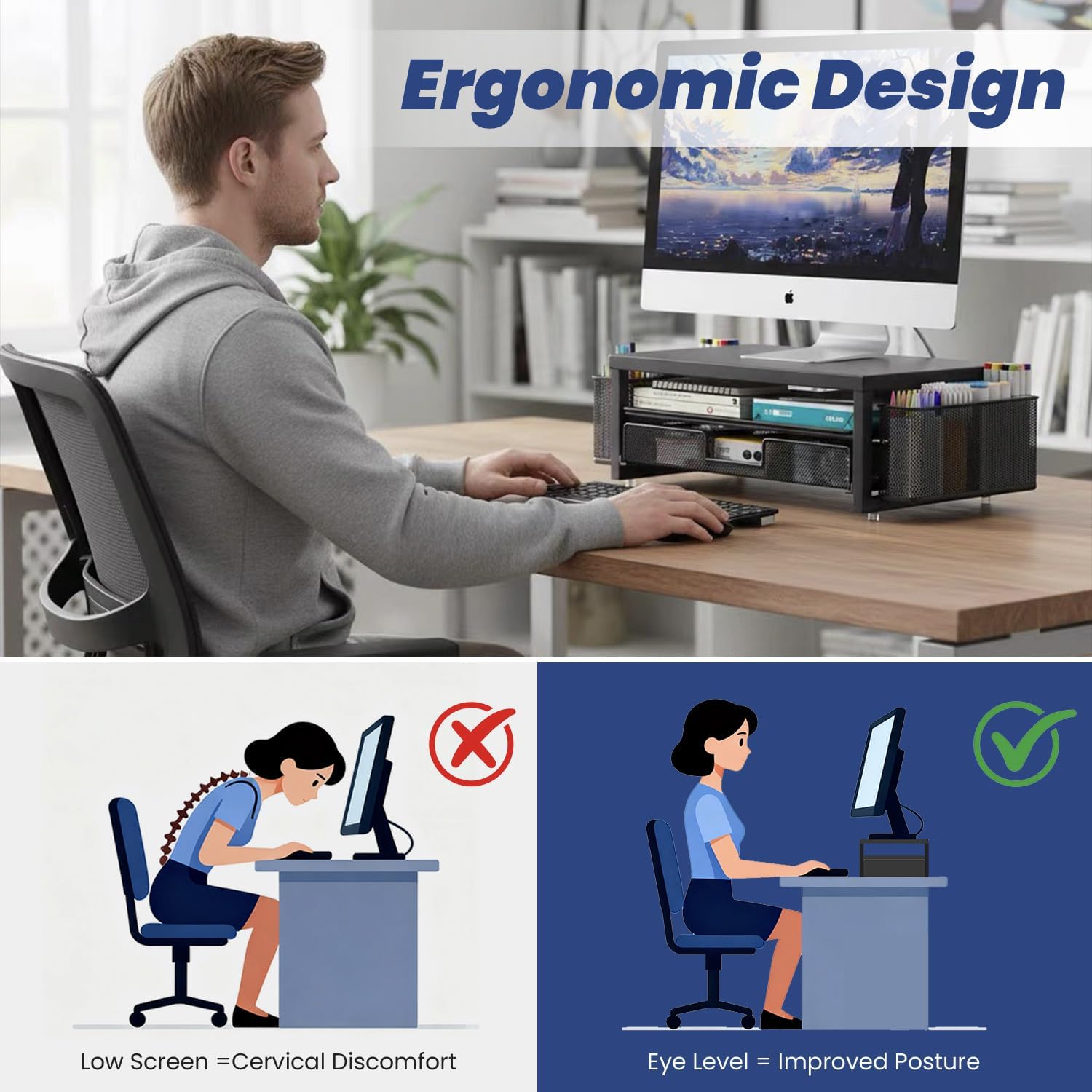 Thumbnail 4 de BOKIOVIN Metal Monitor Stand Riser with Drawer & 2 Pen Holders for Desk
