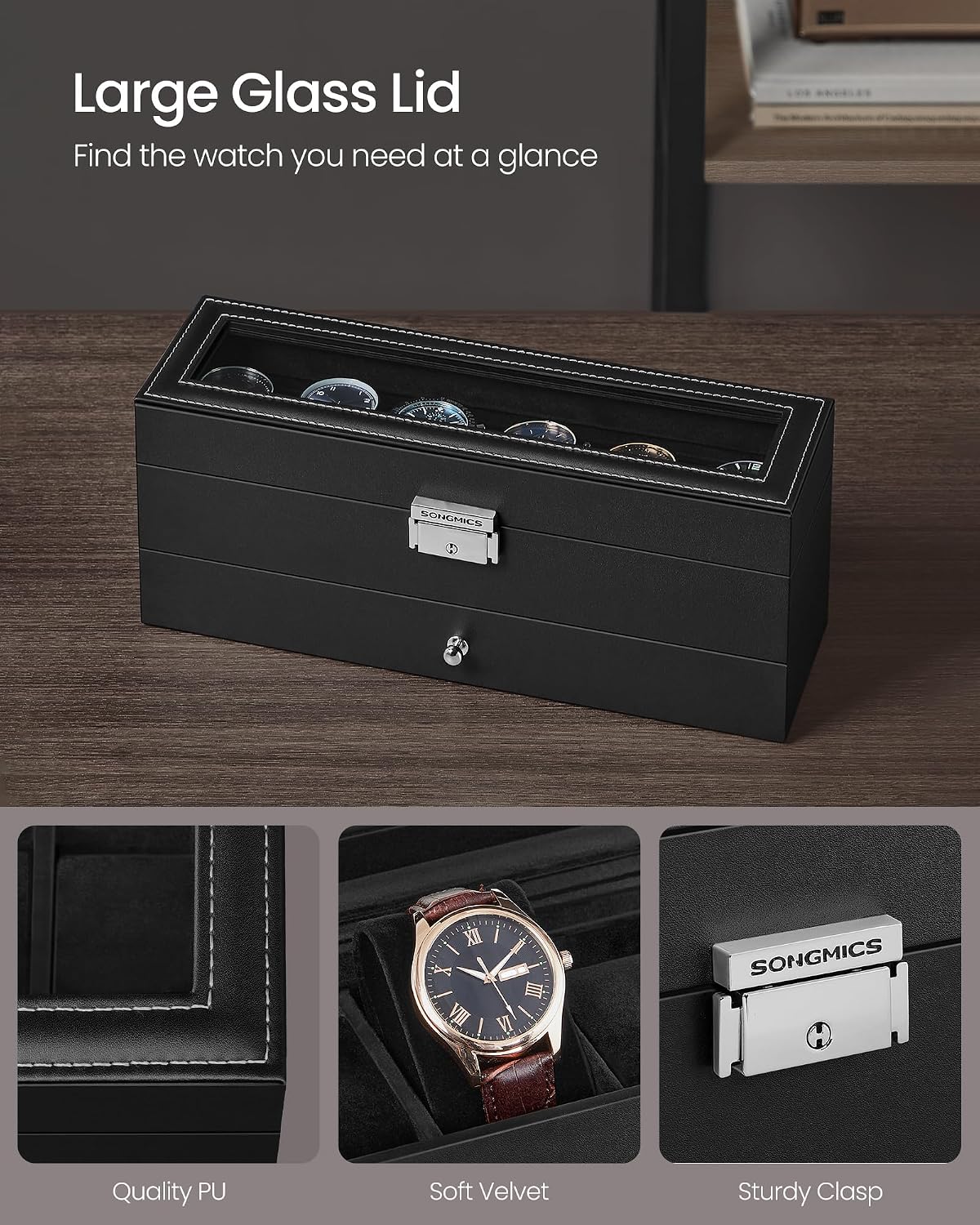 Detalle de SONGMICS JWB060B02 watch box for 6 watches