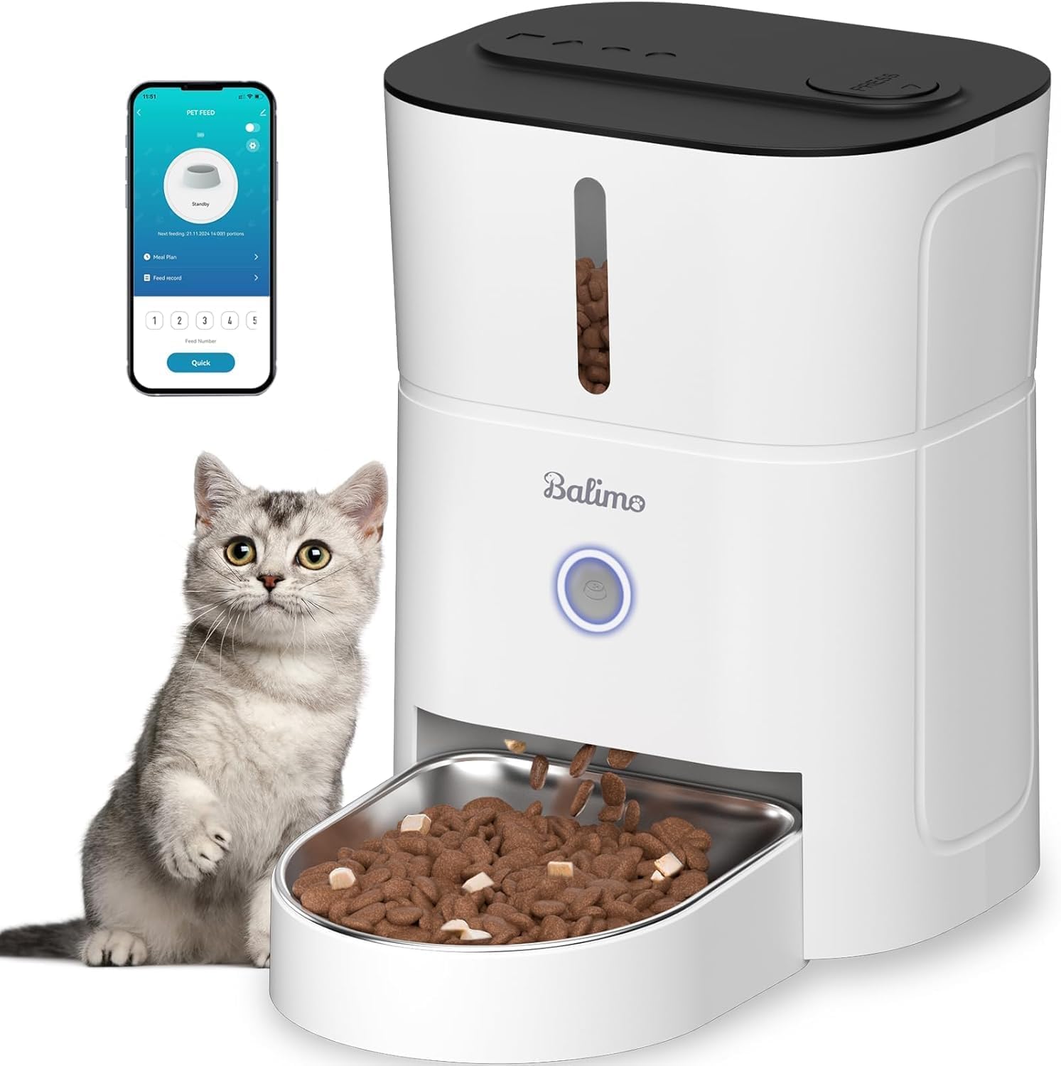 Detalle de Balimo Futterautomat Katze 3L – WiFi-Futterspender mit App-Steuerung, 1–10 Mahlzeiten/Tag