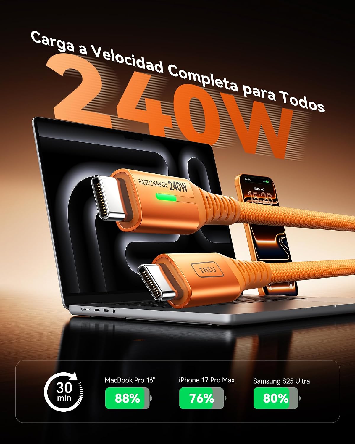Detalle 2 de INIU 240W USB‑C auf USB‑C Kabel (2er-Set, Orange, 2 m) mit PD zum Schnellladen