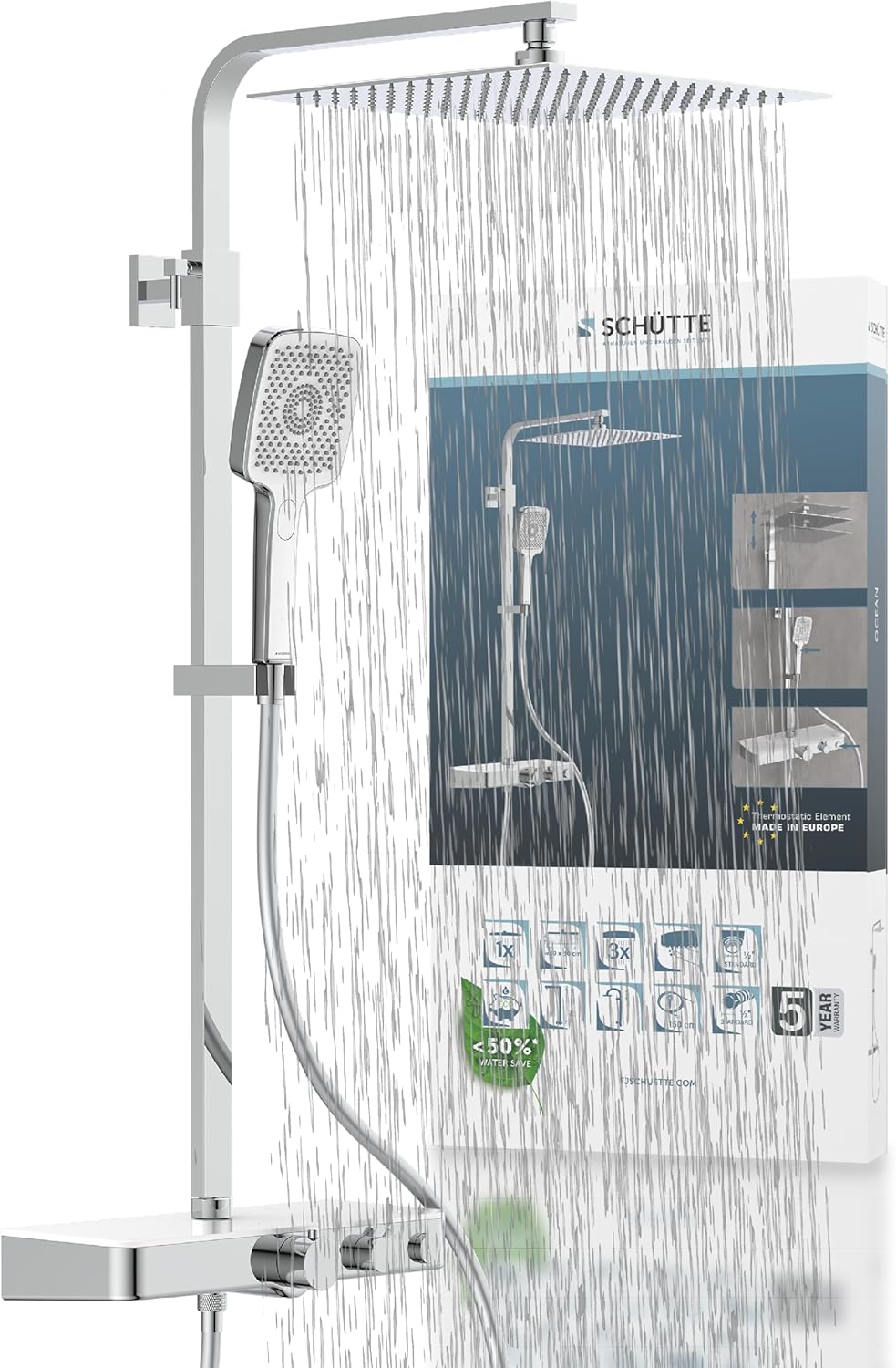 Thumbnail 6 de Schütte Ocean Système Thermostat et étagère en Verre – Ensemble 30 x 30 cm avec Support Mural et Colonne de Douche Chrome/Anthracite