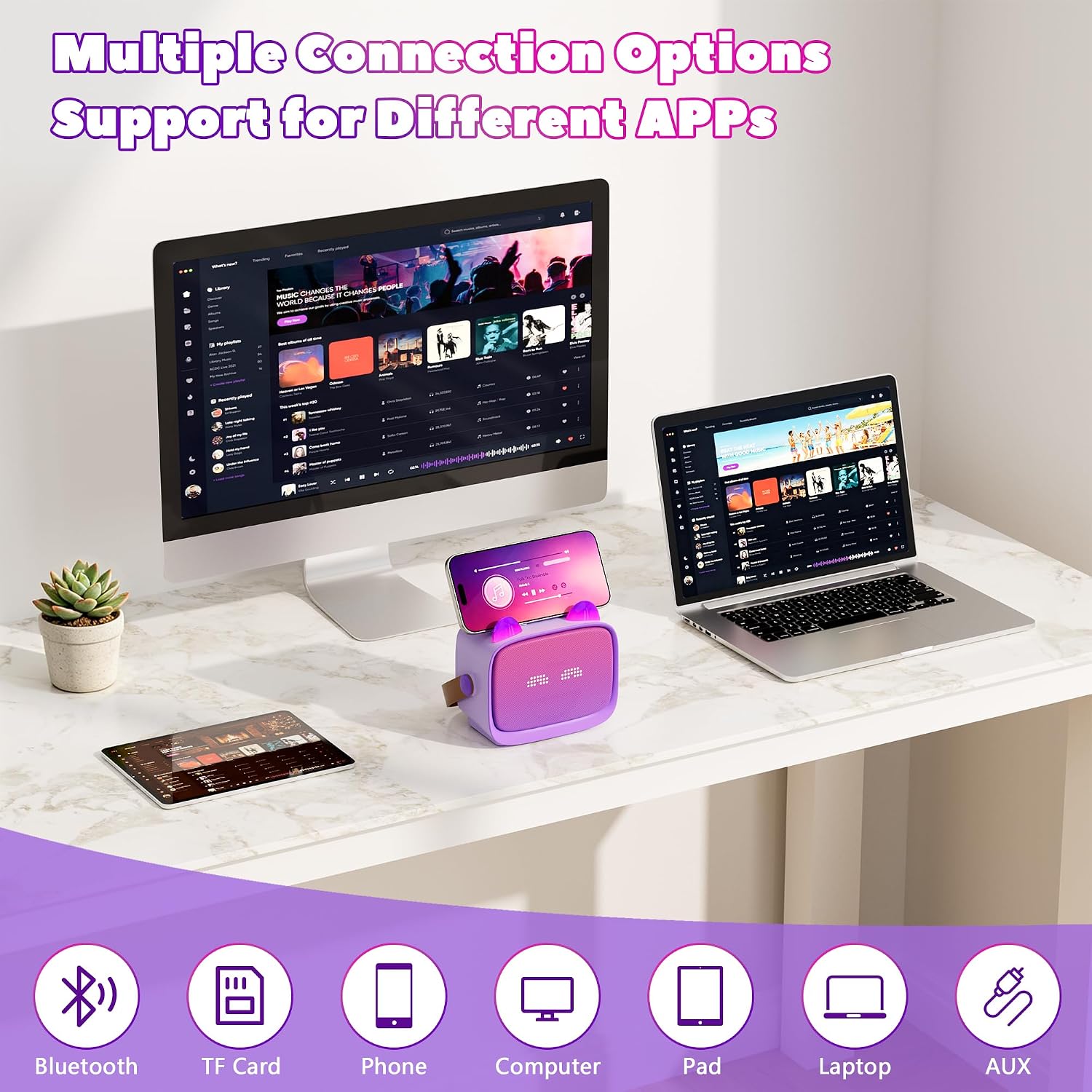 Detalle 2 de Mini Karaoke Machine for Kids, Portable Bluetooth Speaker with 2 Wireless Microphones (Purple)