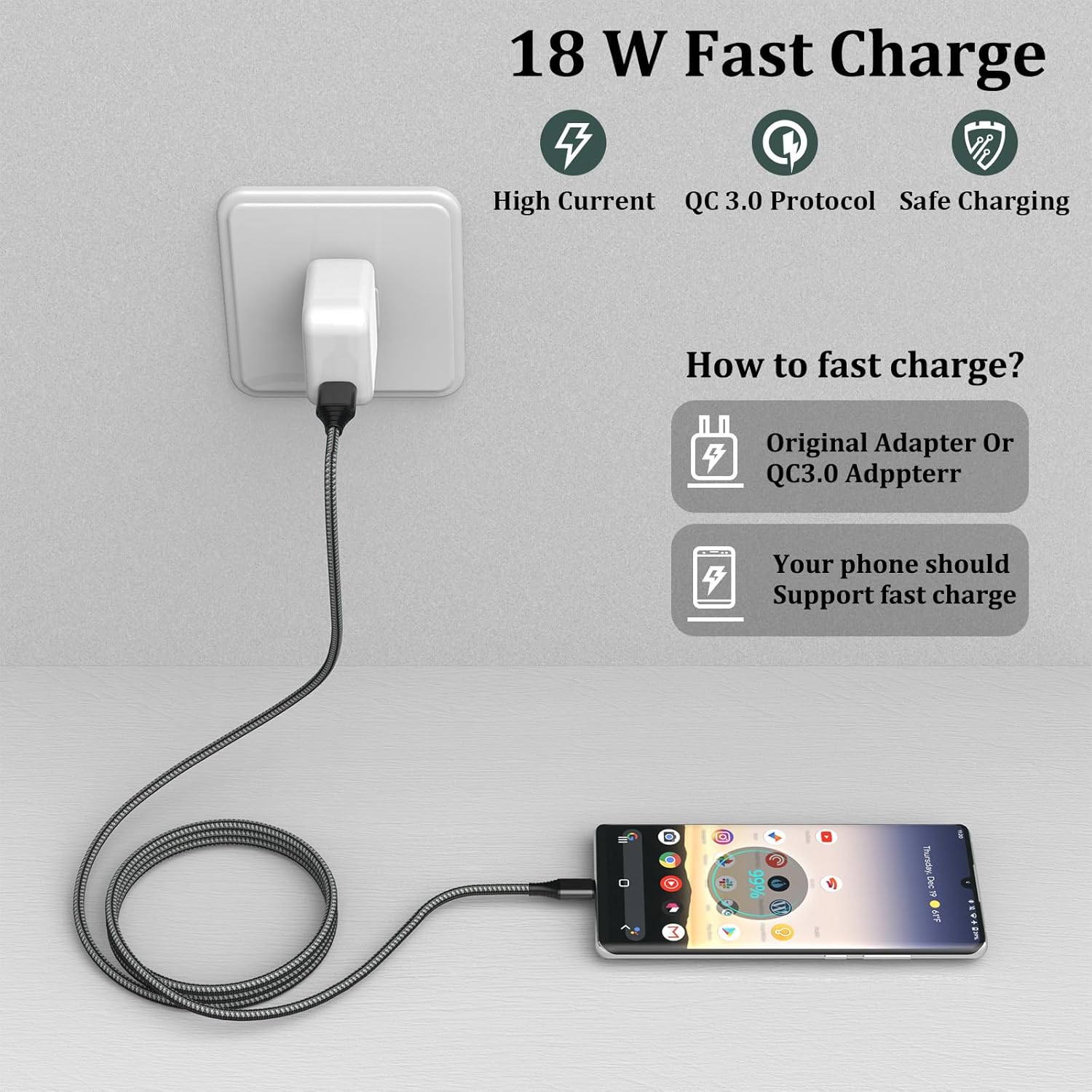 Thumbnail 3 de USB A to USB C Cable Fast Charging, 2-Pack, 3m Nylon-Braided, 3A Rapid Charging