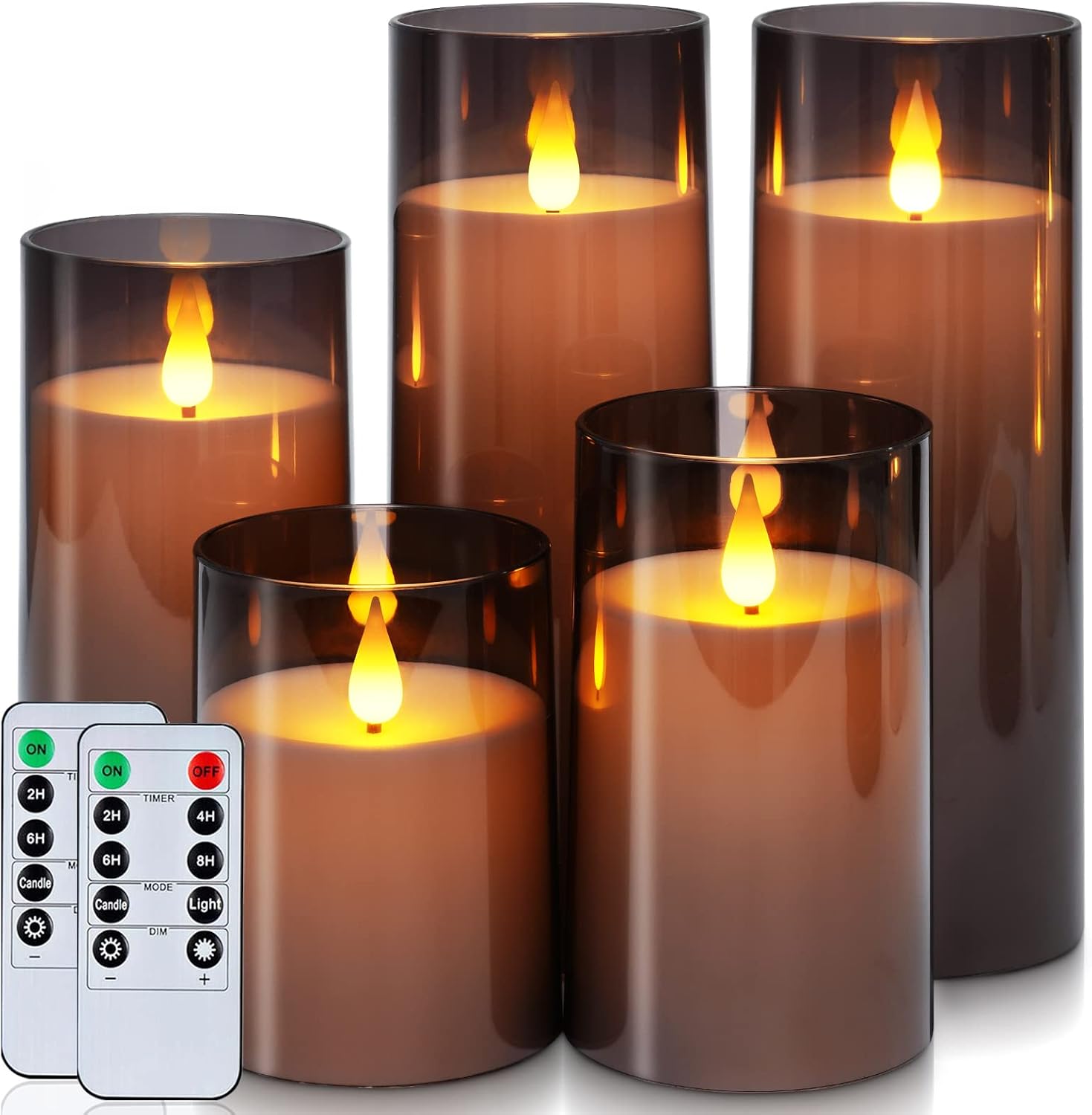 Detalle de Homemory HPILLAR Gray Flameless LED Candles, 5-Piece Acrylic Set with Remote