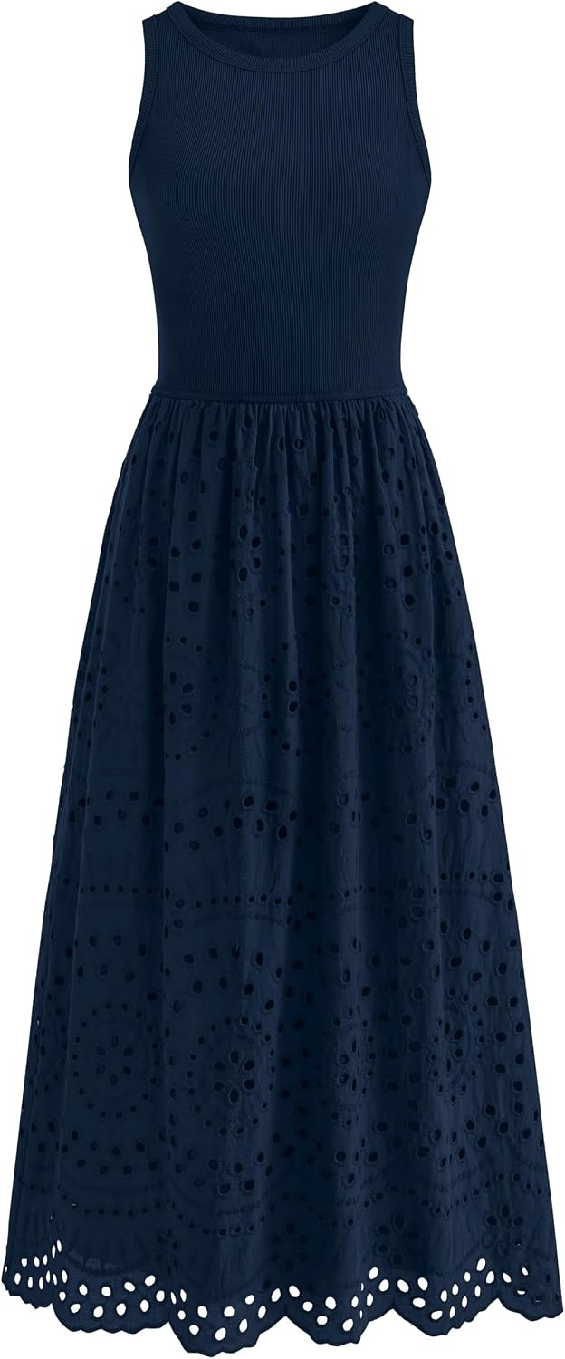 Detalle de Dowerme Women Summer Dress 2026 Maxi Boho Lace Eyelet Cotton with Pockets