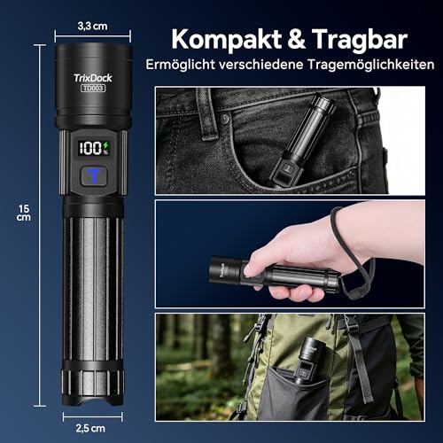 Thumbnail 8 de Taschenlampe LED Aufladbar 2 Stück von TrixDock – USB-C, Zoom, LCD-Display, 5 Modi