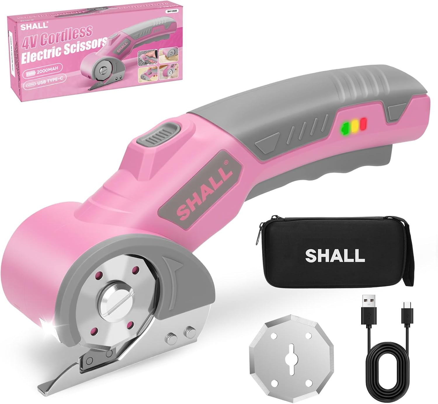 SHALL 4V Cordless Electric Scissors (Rotary Cutter) with Safety Lock, LED & Replacement Blade – Pink & Grey